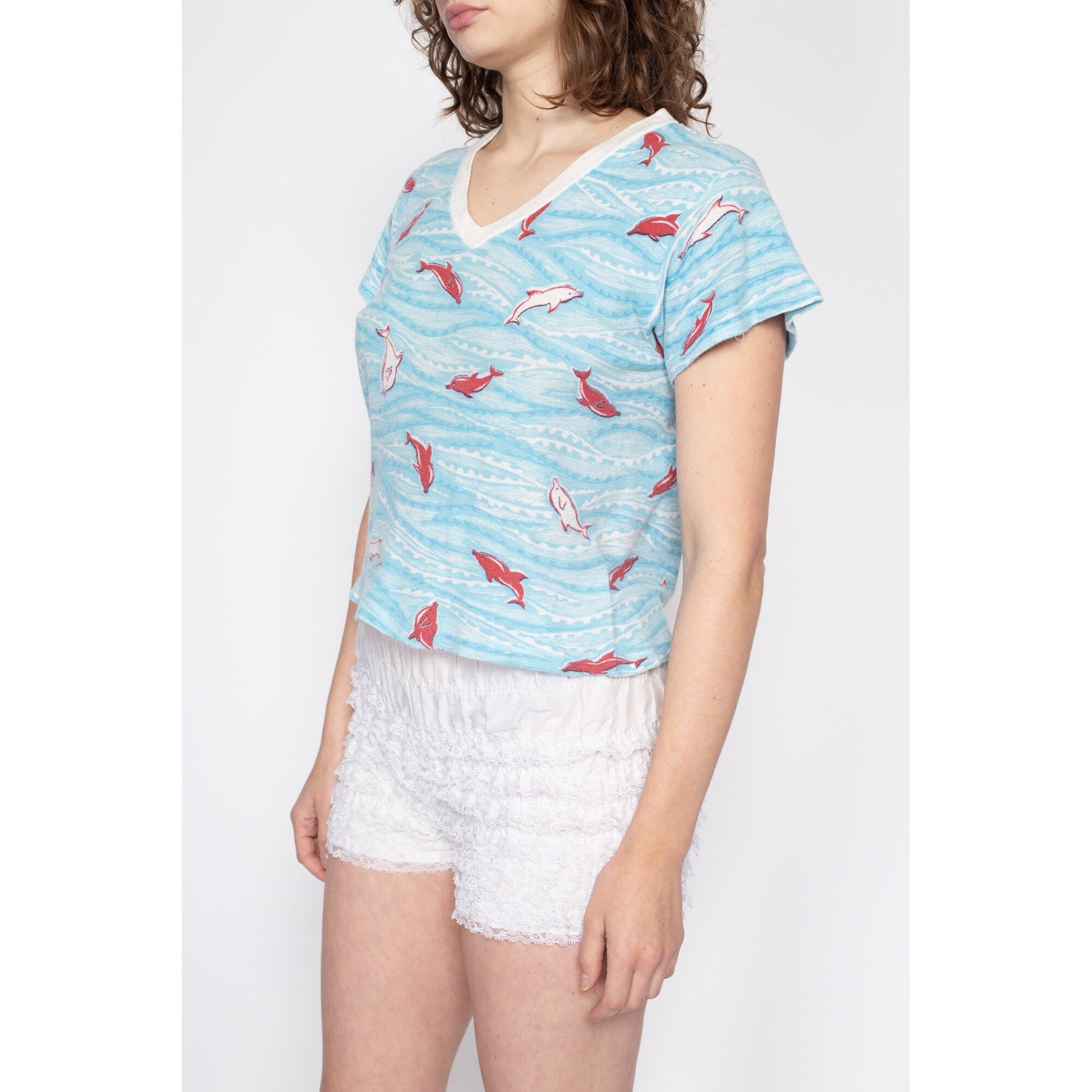 Med-Lrg 70s Dolphin All Over Print Waffle Knit Top | Vintage Blue Short Sleeve V Neck Retro Shirt