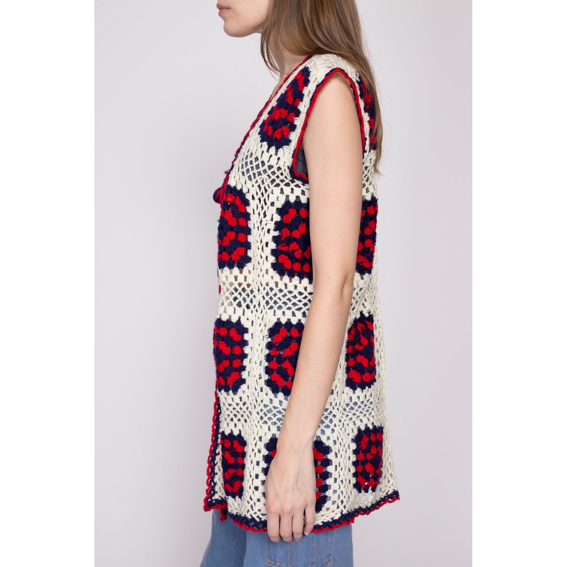 One Size 70s Granny Square Crochet Knit Hippie Vest | Vintage Boho Red White Blue Open Fit Sleeveless Cardigan