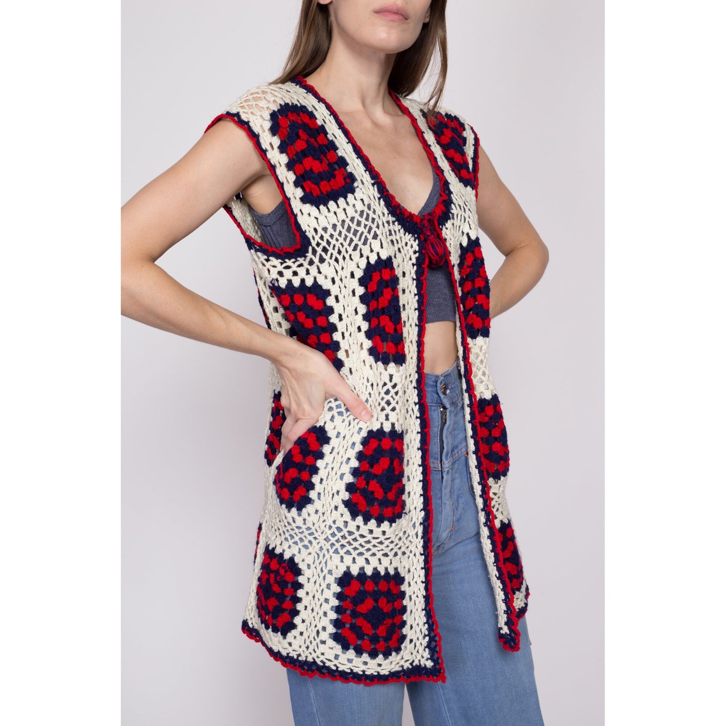 One Size 70s Granny Square Crochet Knit Hippie Vest | Vintage Boho Red White Blue Open Fit Sleeveless Cardigan