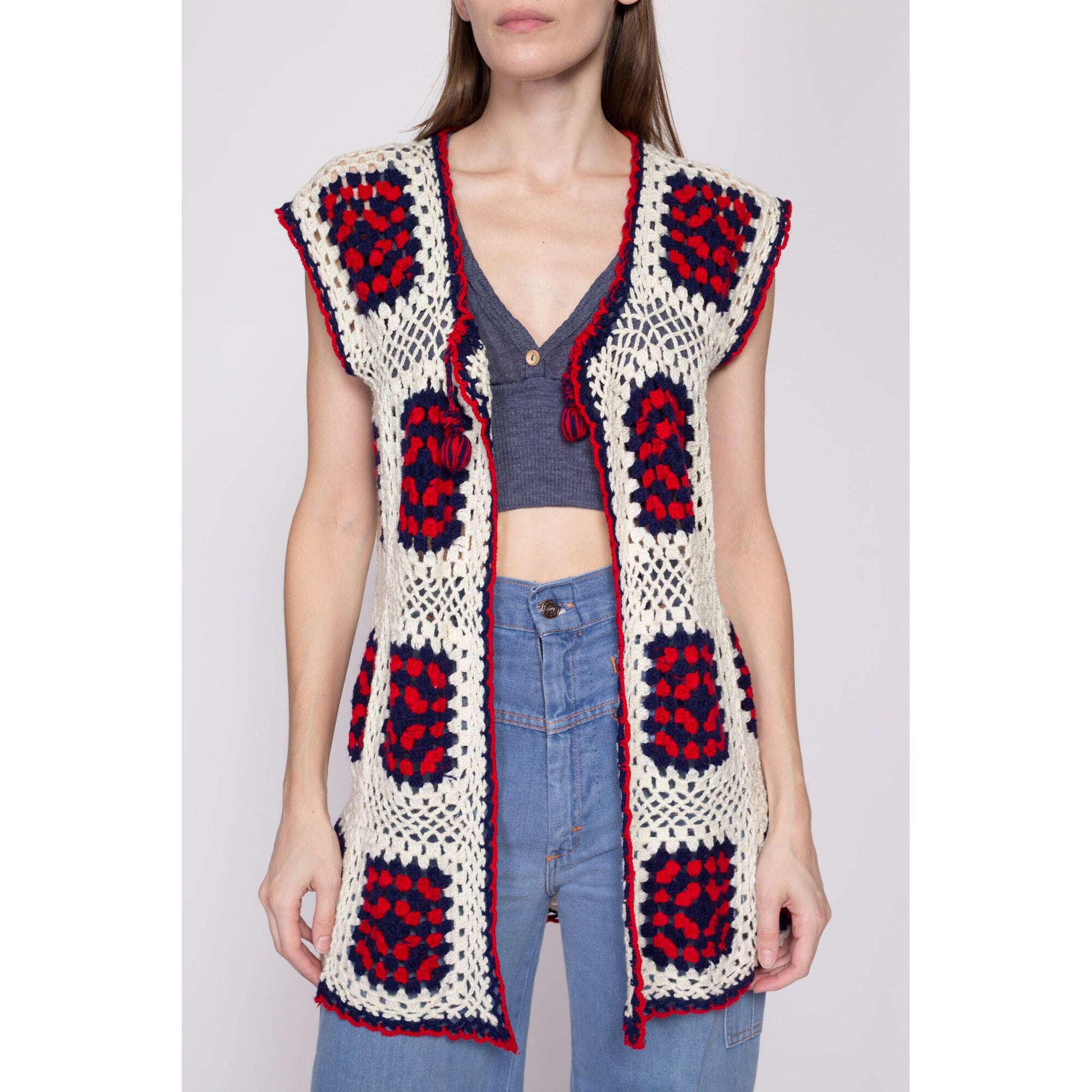 One Size 70s Granny Square Crochet Knit Hippie Vest | Vintage Boho Red White Blue Open Fit Sleeveless Cardigan