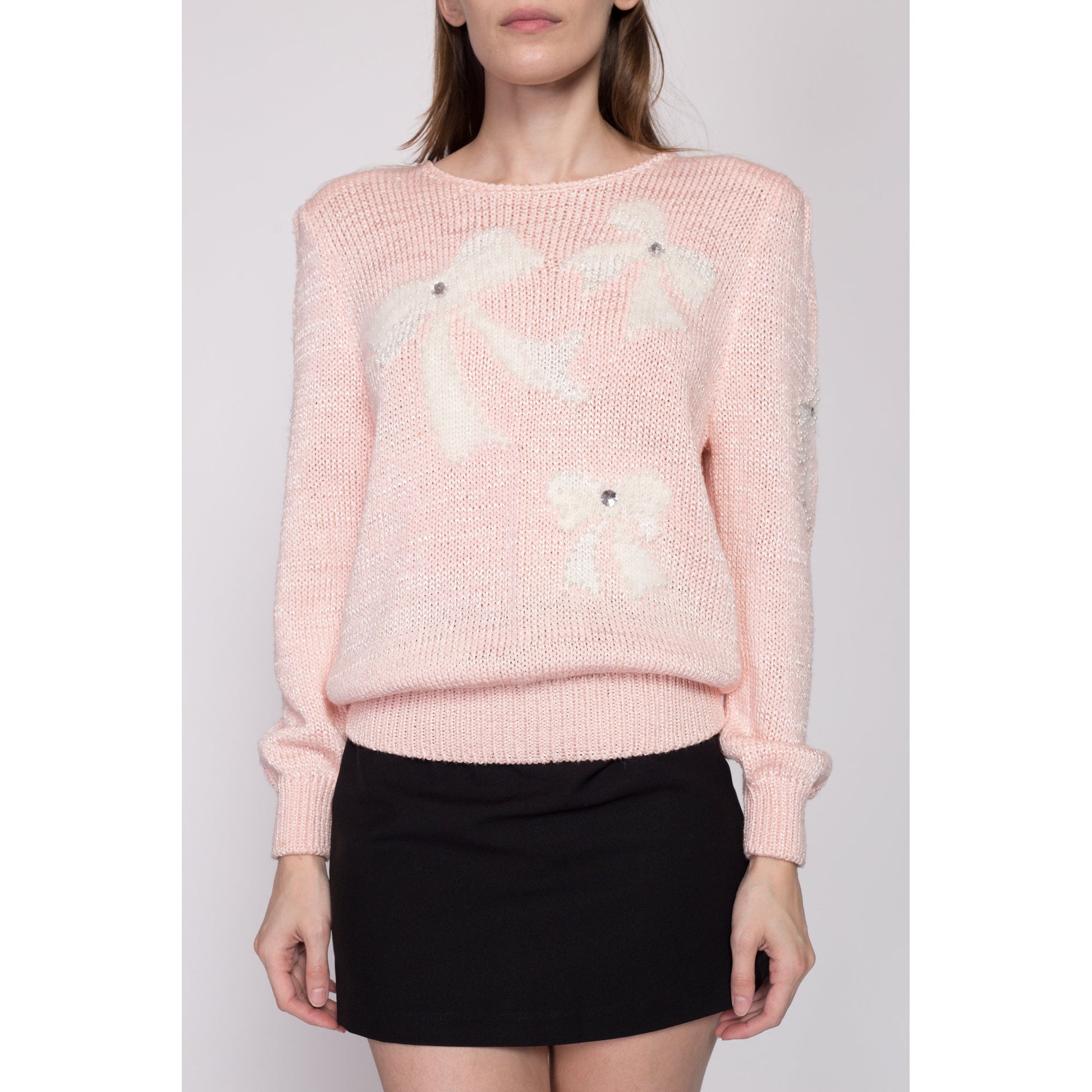 Med-Lrg 80s Pink Pastel Angora Bow Sweater | Vintage Knit Pearl Beaded Long Sleeve Pullover