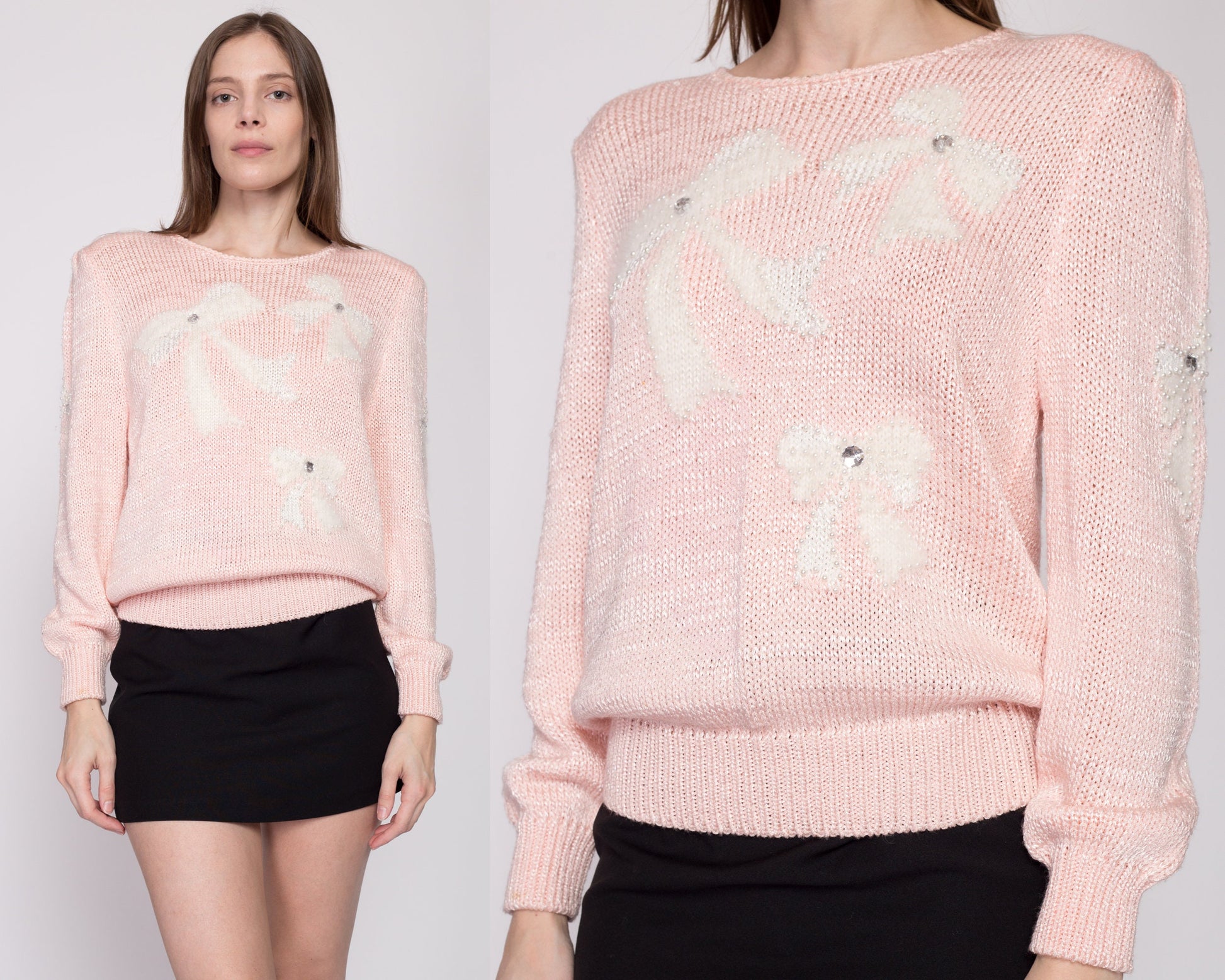 Med-Lrg 80s Pink Pastel Angora Bow Sweater | Vintage Knit Pearl Beaded Long Sleeve Pullover