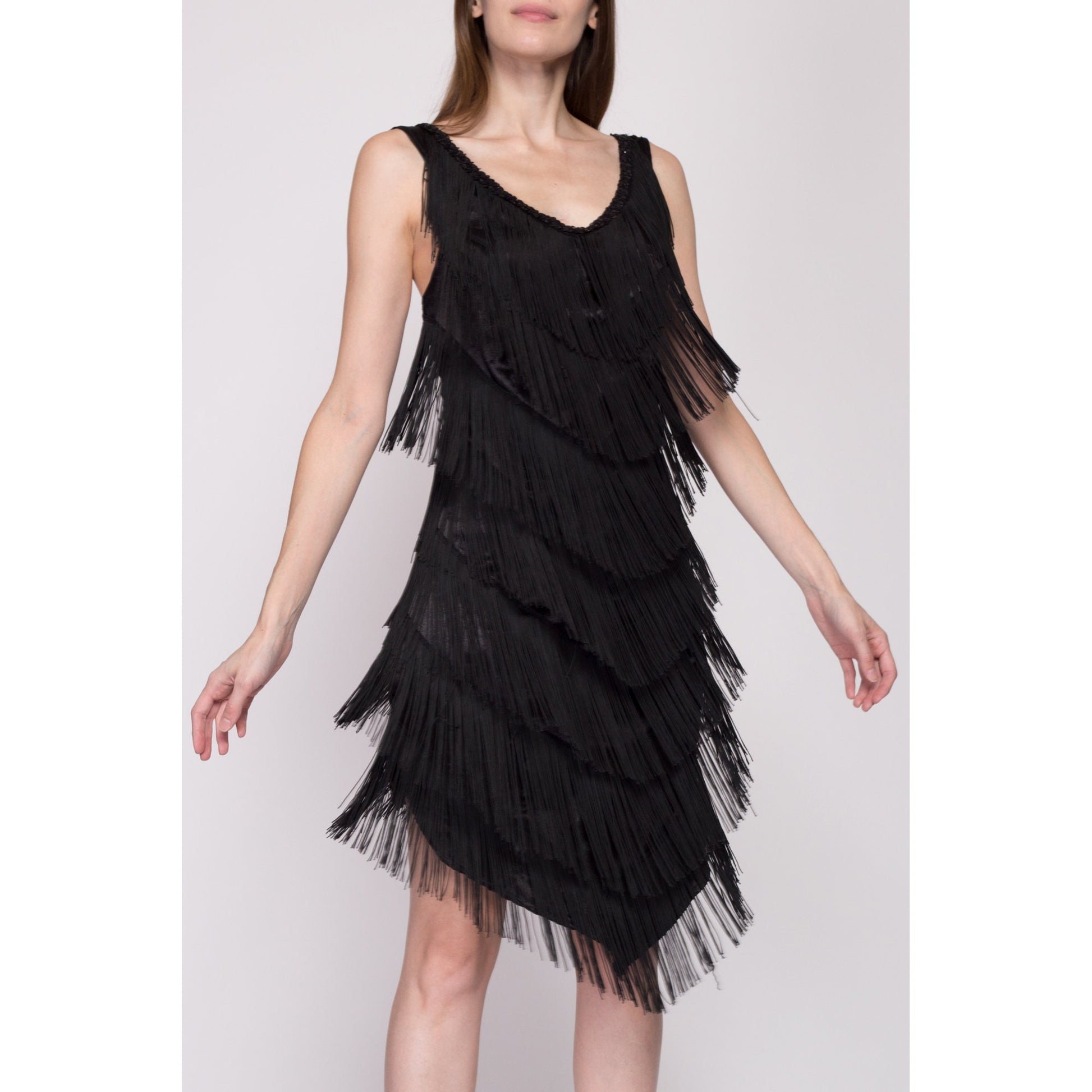 Small 90s Black Fringe Flapper Party Dress | Vintage 1920s Gatsby Costume Mini High Low Dress