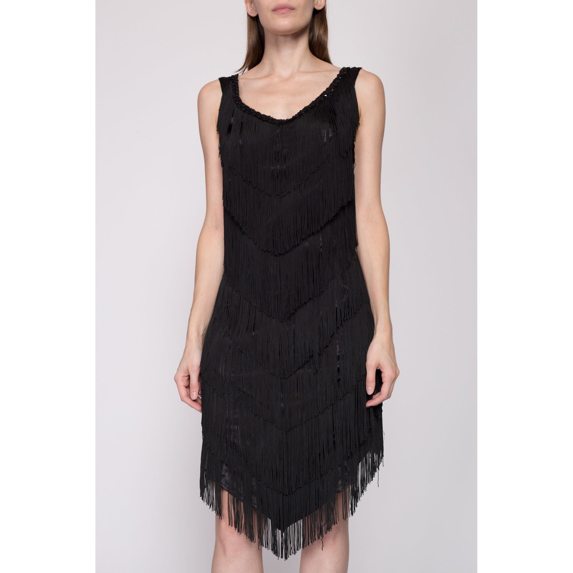 Small 90s Black Fringe Flapper Party Dress | Vintage 1920s Gatsby Costume Mini High Low Dress