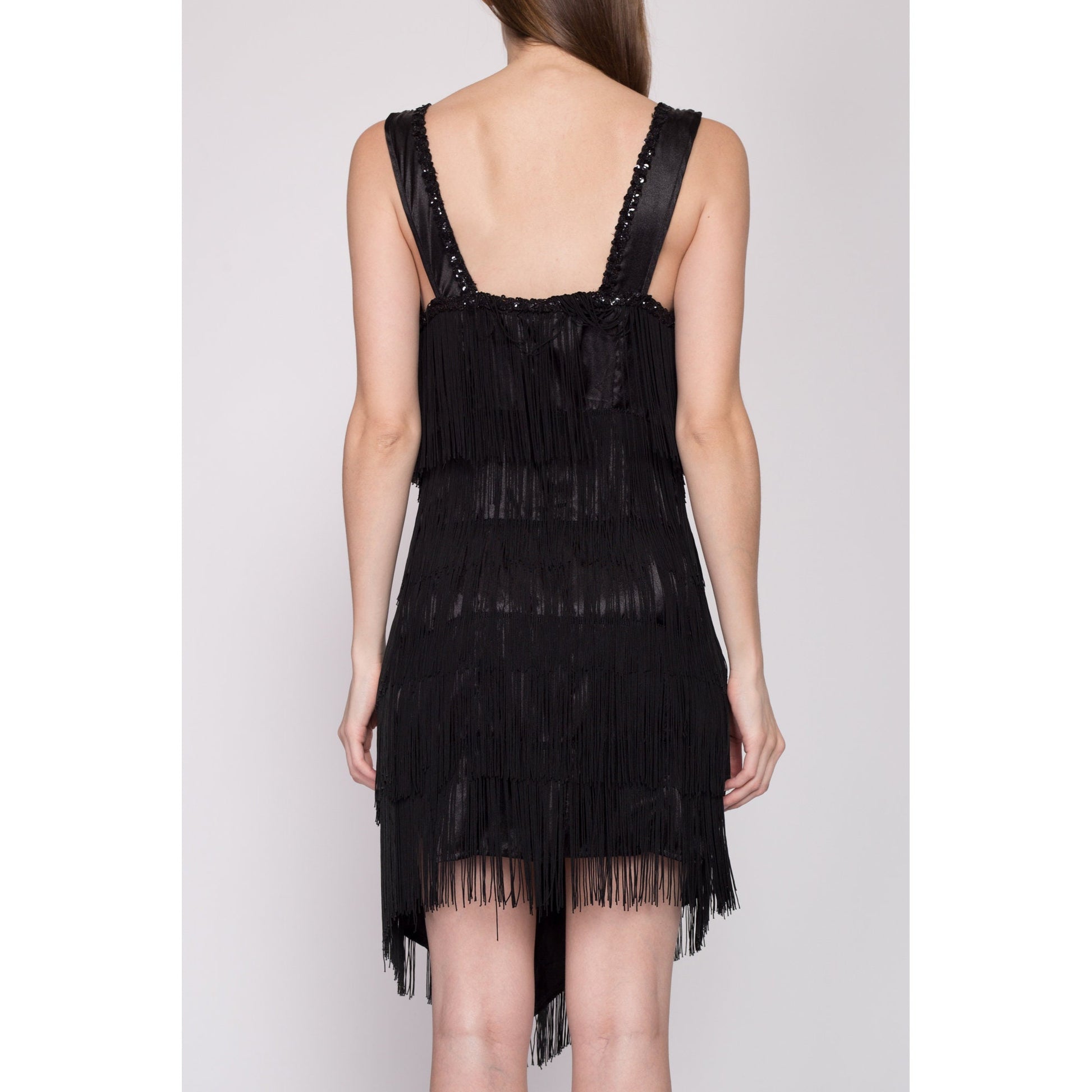 Small 90s Black Fringe Flapper Party Dress | Vintage 1920s Gatsby Costume Mini High Low Dress