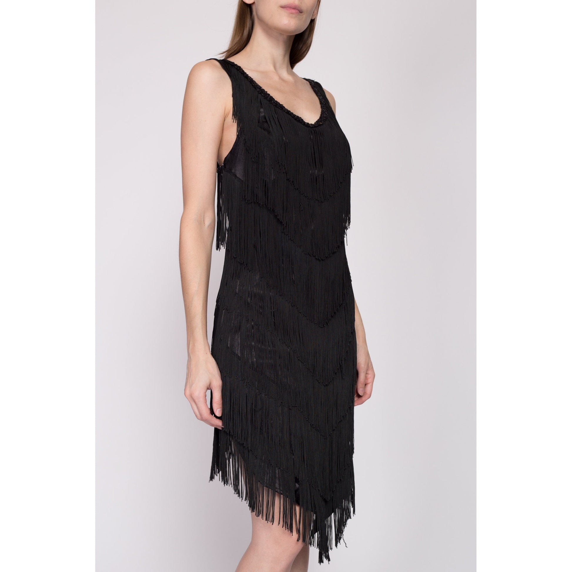 Small 90s Black Fringe Flapper Party Dress | Vintage 1920s Gatsby Costume Mini High Low Dress