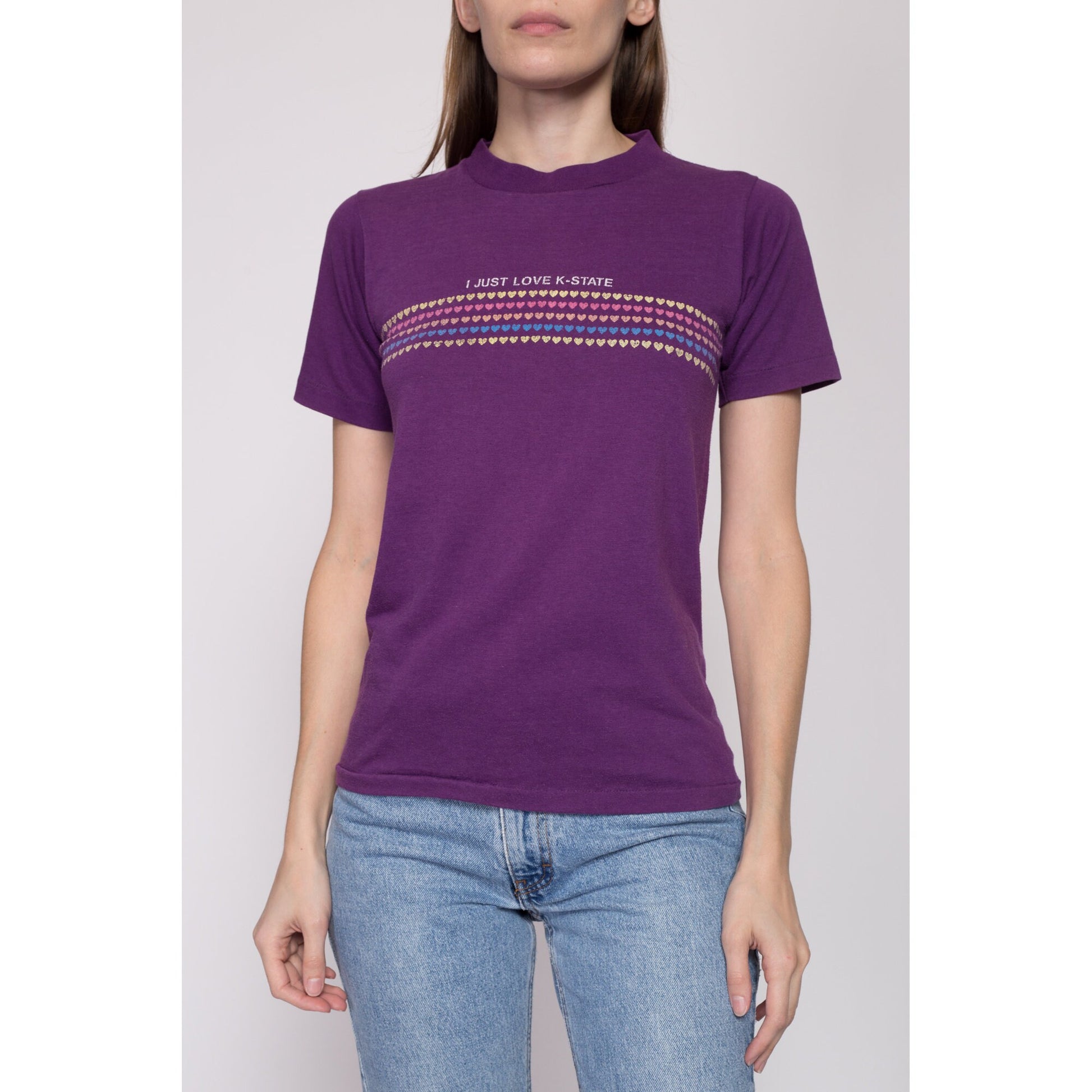 XS 70s "I Just Love K-State" Kansas State University T Shirt | Vintage Purple Retro Heart Graphic College Tee