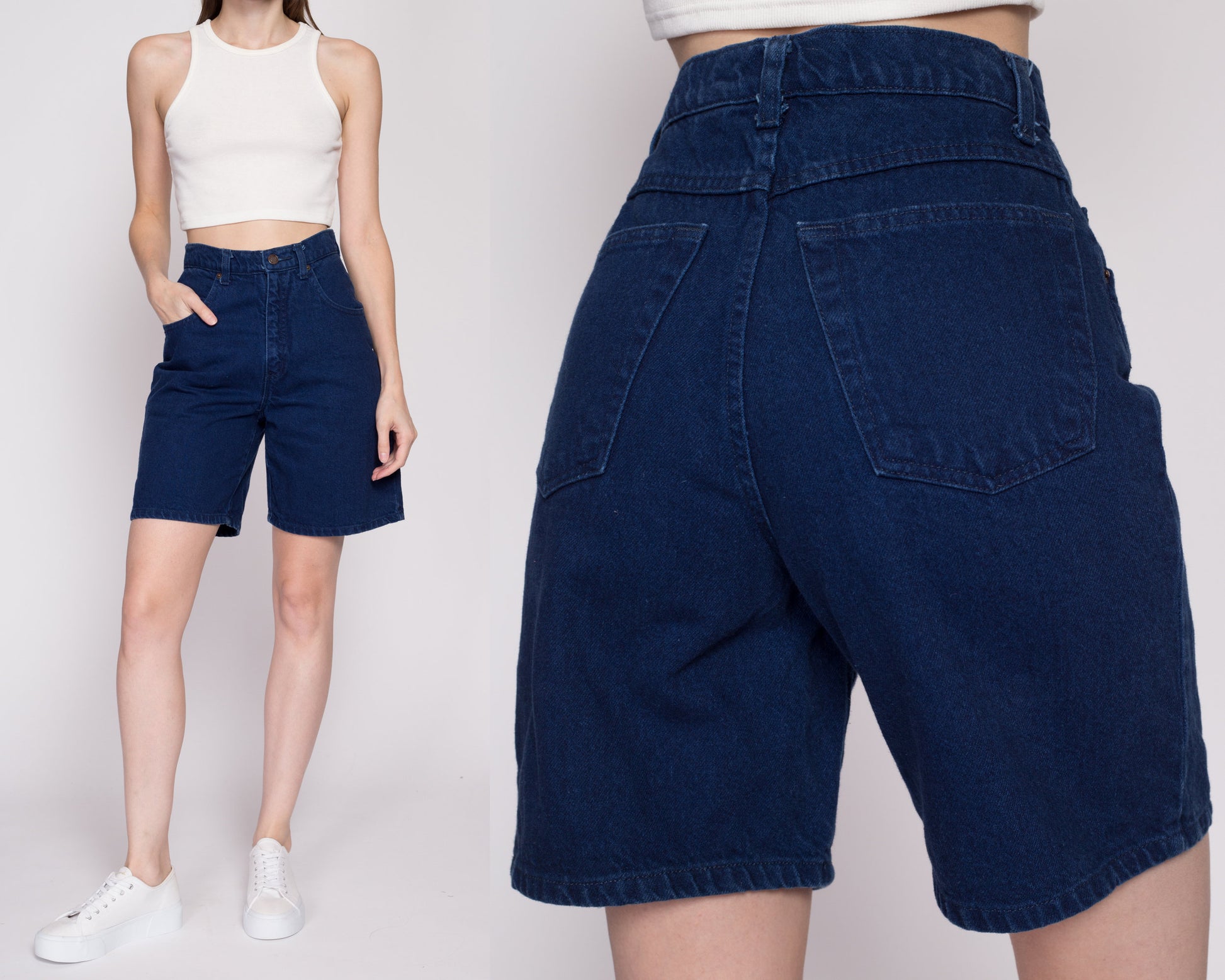XS-Sm 90s Dark Wash Denim Mom Shorts 26" | Vintage High Waisted Long Inseam Jean Shorts