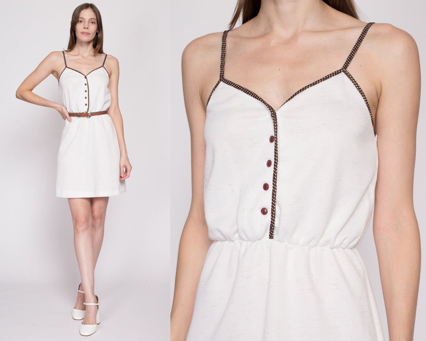 Small 70s White Polka Dot Trim Mini Sundress | Vintage Two Tone Spaghetti Strap Button Front Mini Dress