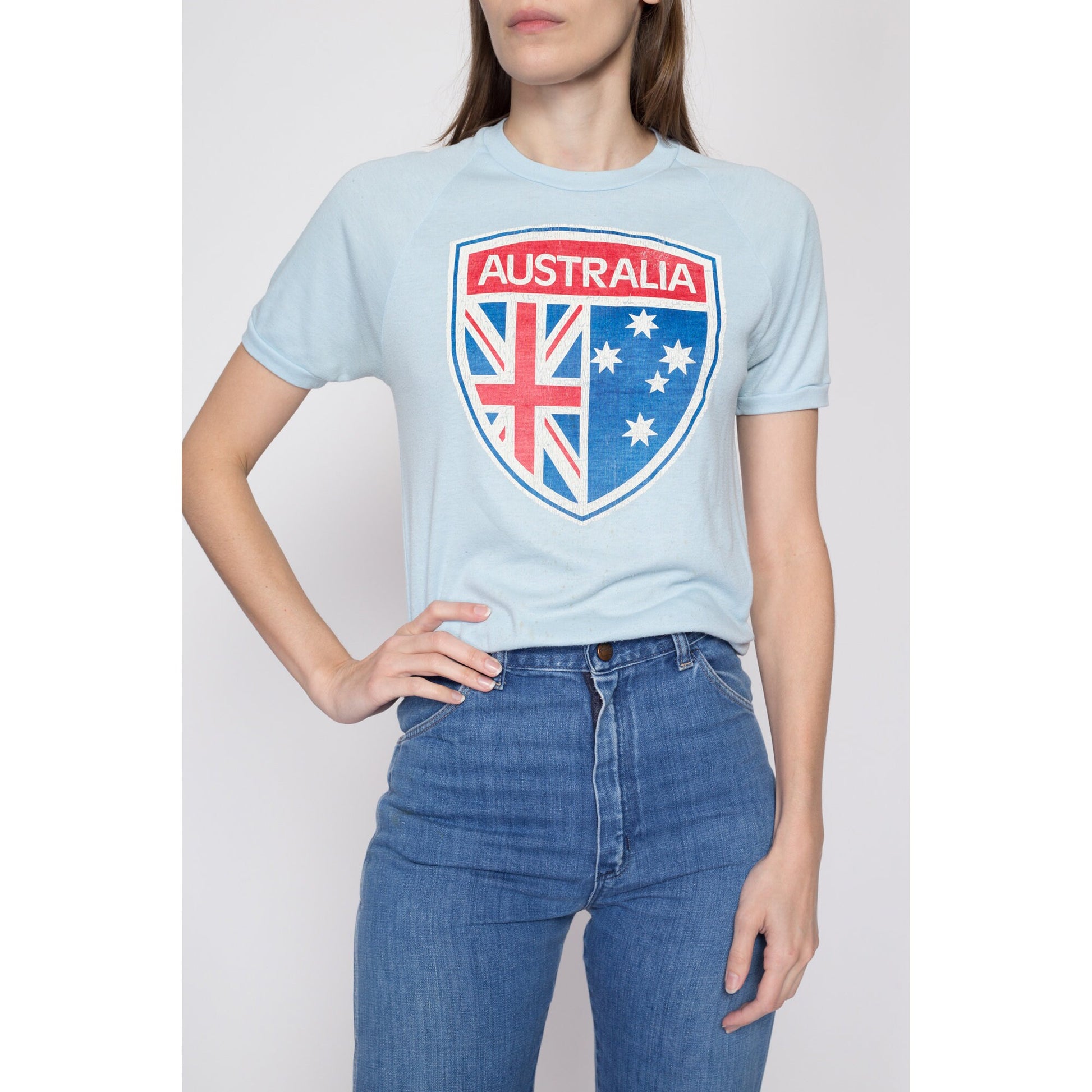 Small 70s Australian Flag T Shirt | Vintage Blue Distressed Graphic Tourist Tee