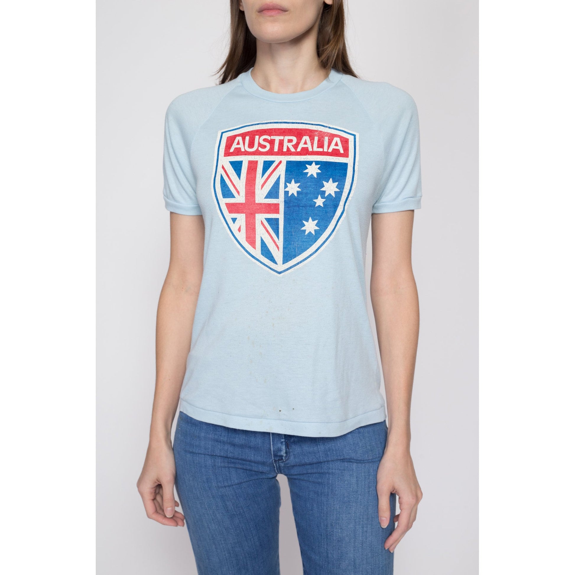 Small 70s Australian Flag T Shirt | Vintage Blue Distressed Graphic Tourist Tee