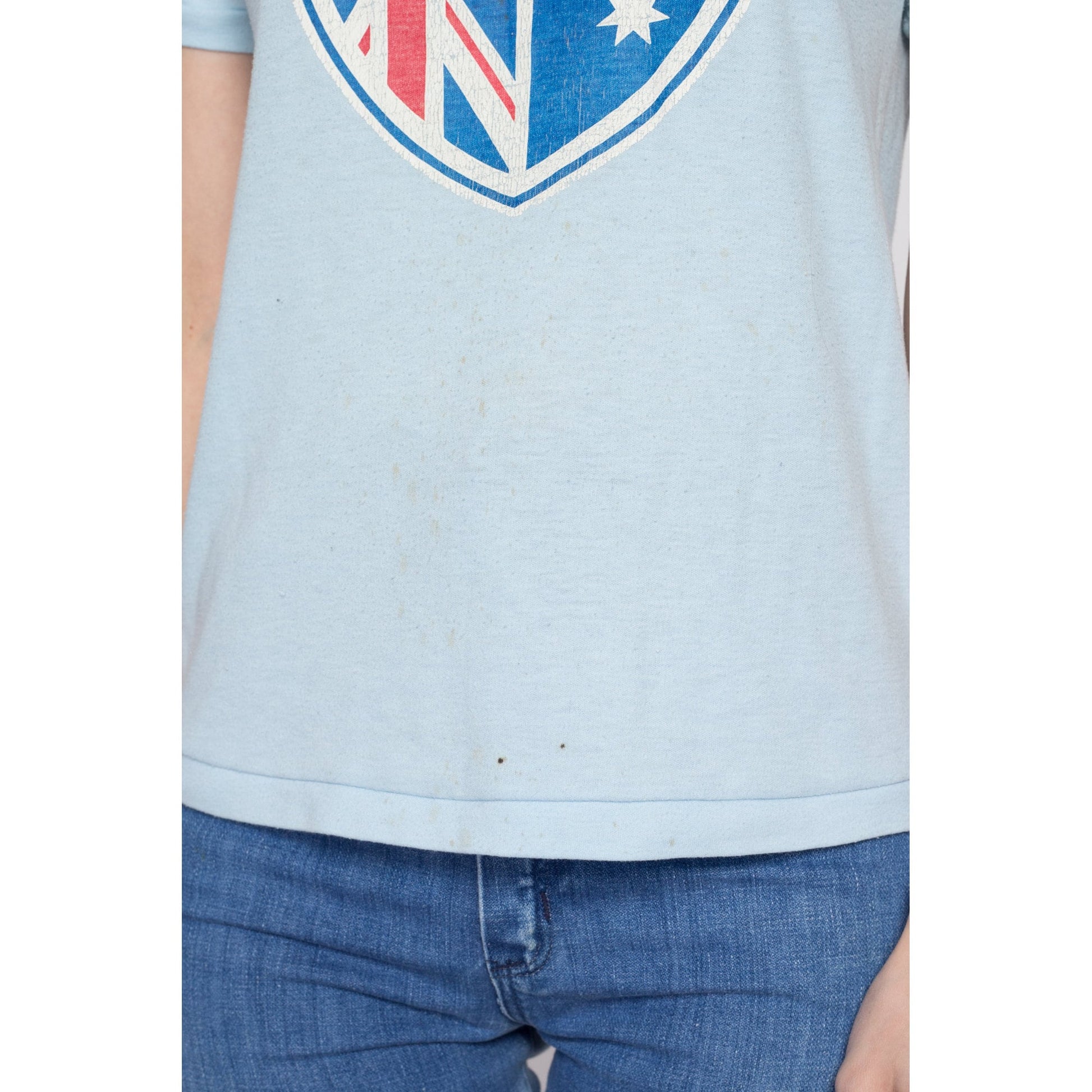 Small 70s Australian Flag T Shirt | Vintage Blue Distressed Graphic Tourist Tee