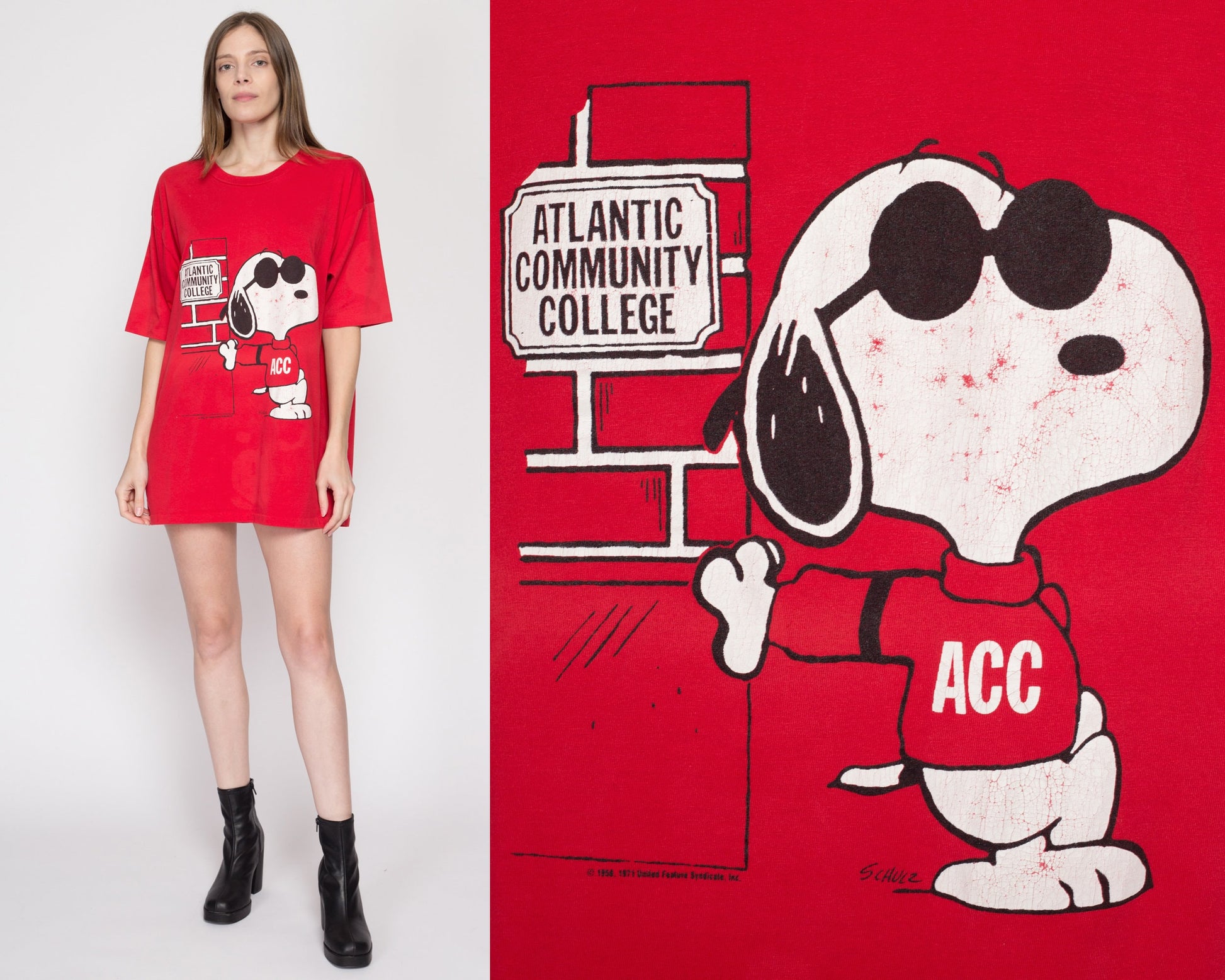 One Size 80s Snoopy Atlantic Community College Red T Shirt | Vintage Peanuts Cartoon Graphic Oversize Tee