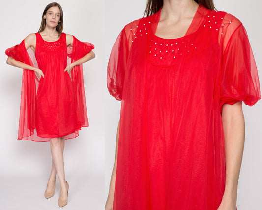 Small 60s Red Chiffon Babydoll Peignoir Set | Vintage Negligee Matching Outfit Nightgown & Robe