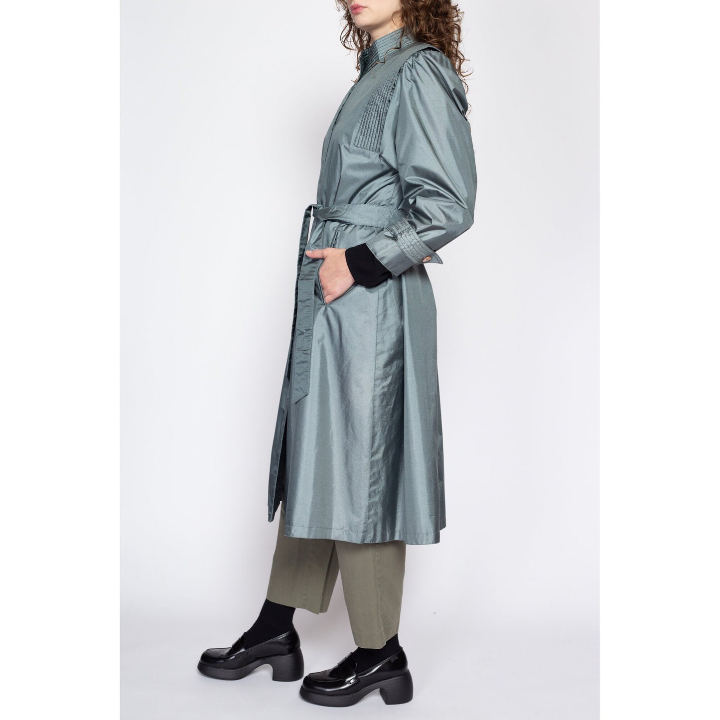 Small 80s Shiny Belted Slate Blue Trench Coat – Flying Apple Vintage