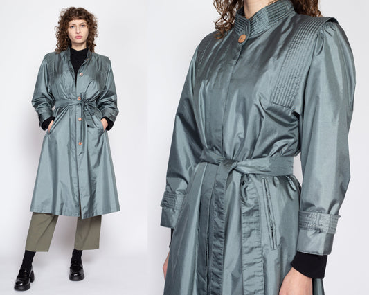 Small 80s Shiny Belted Slate Blue Trench Coat | Vintage Chiango Fleet Street Button Up Oversized Long Jacket