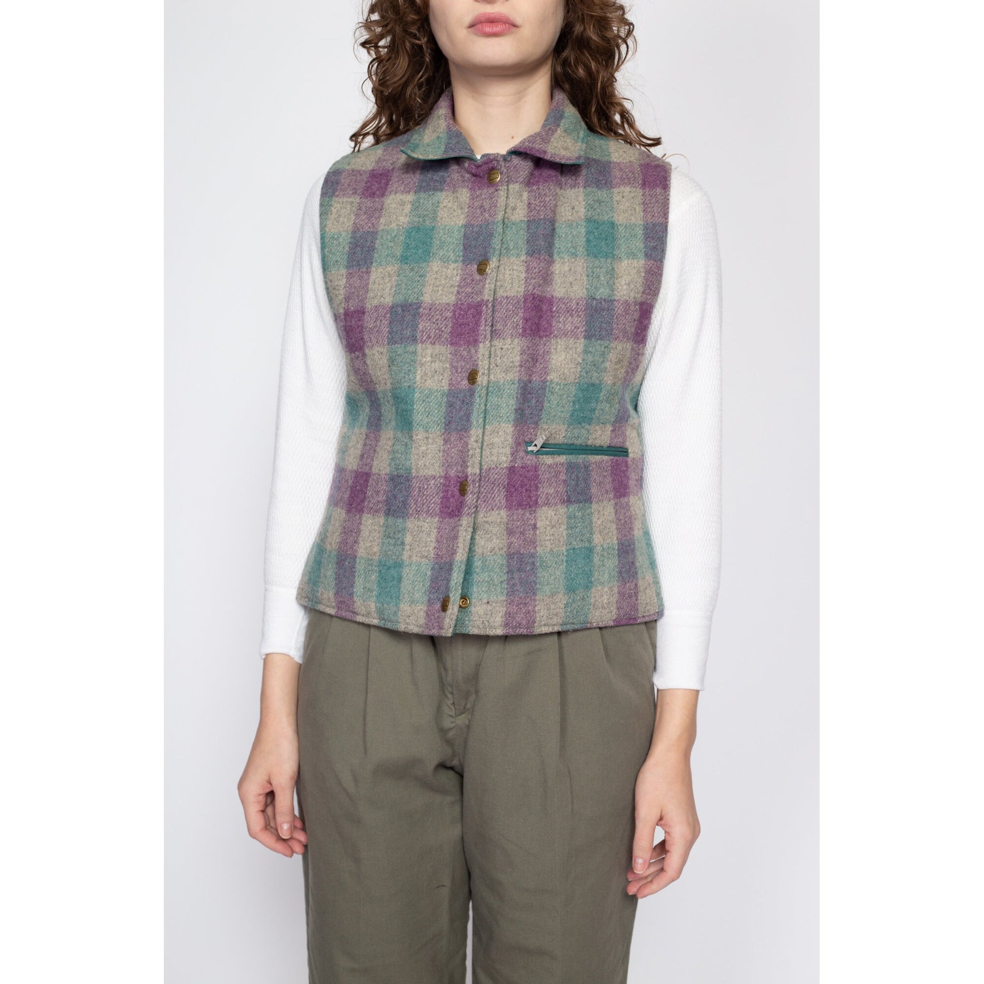 Medium 80s Woolrich Teal & Plaid Reversible Vest | Vintage Snap Up Sleeveless Jacket