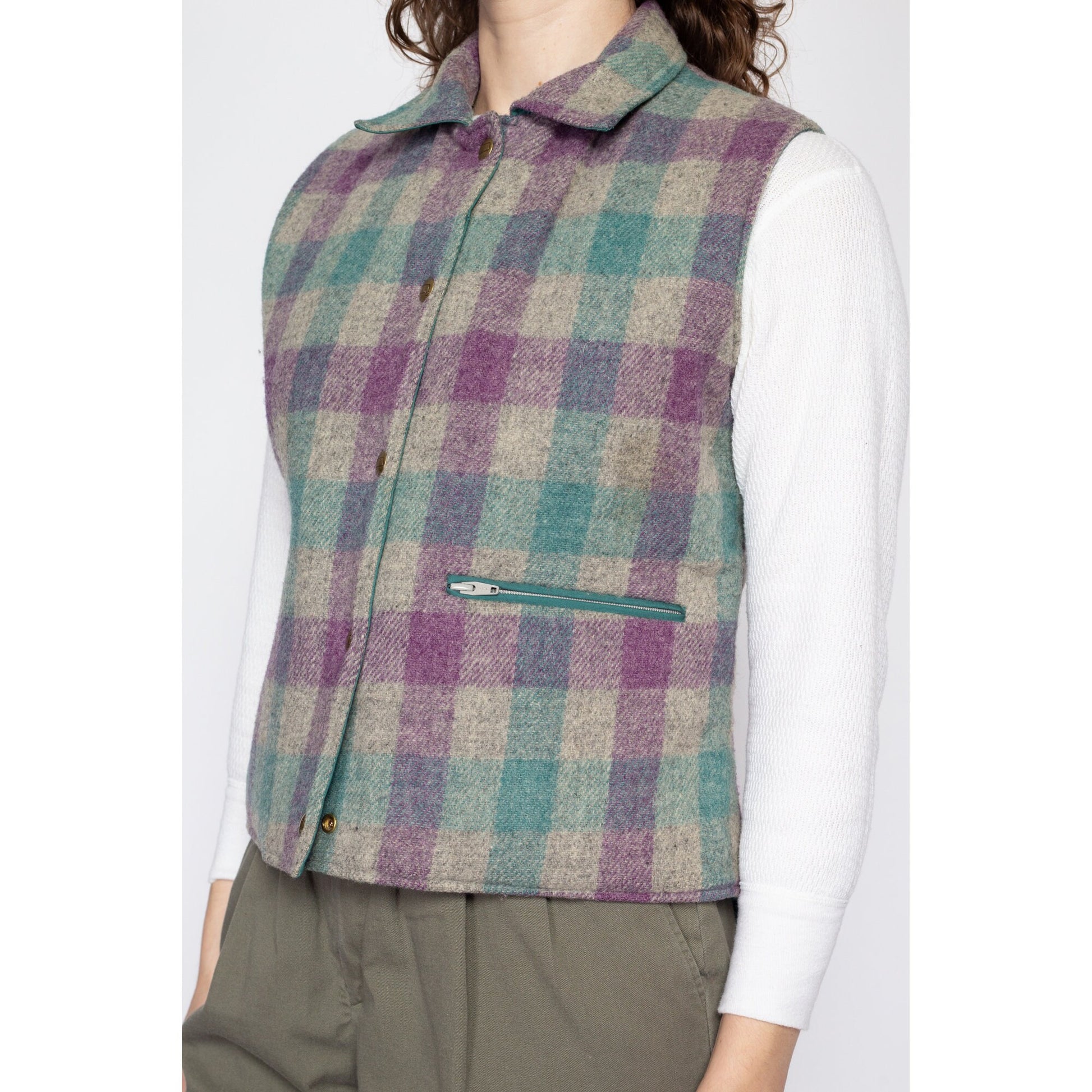 Medium 80s Woolrich Teal & Plaid Reversible Vest | Vintage Snap Up Sleeveless Jacket