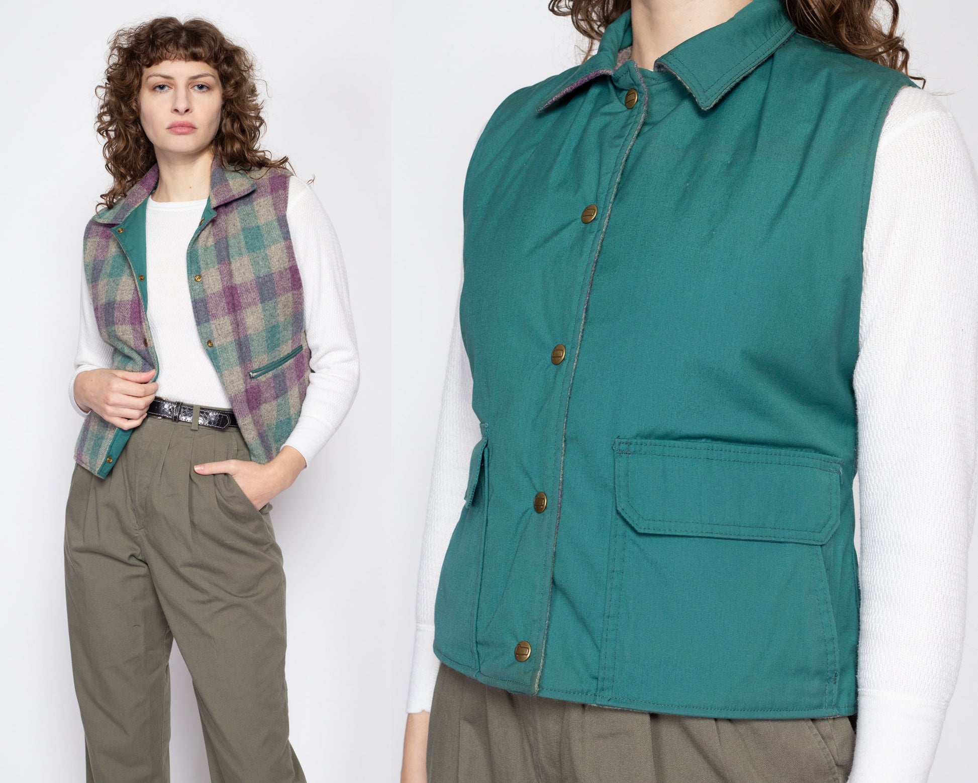 Medium 80s Woolrich Teal & Plaid Reversible Vest | Vintage Snap Up Sleeveless Jacket