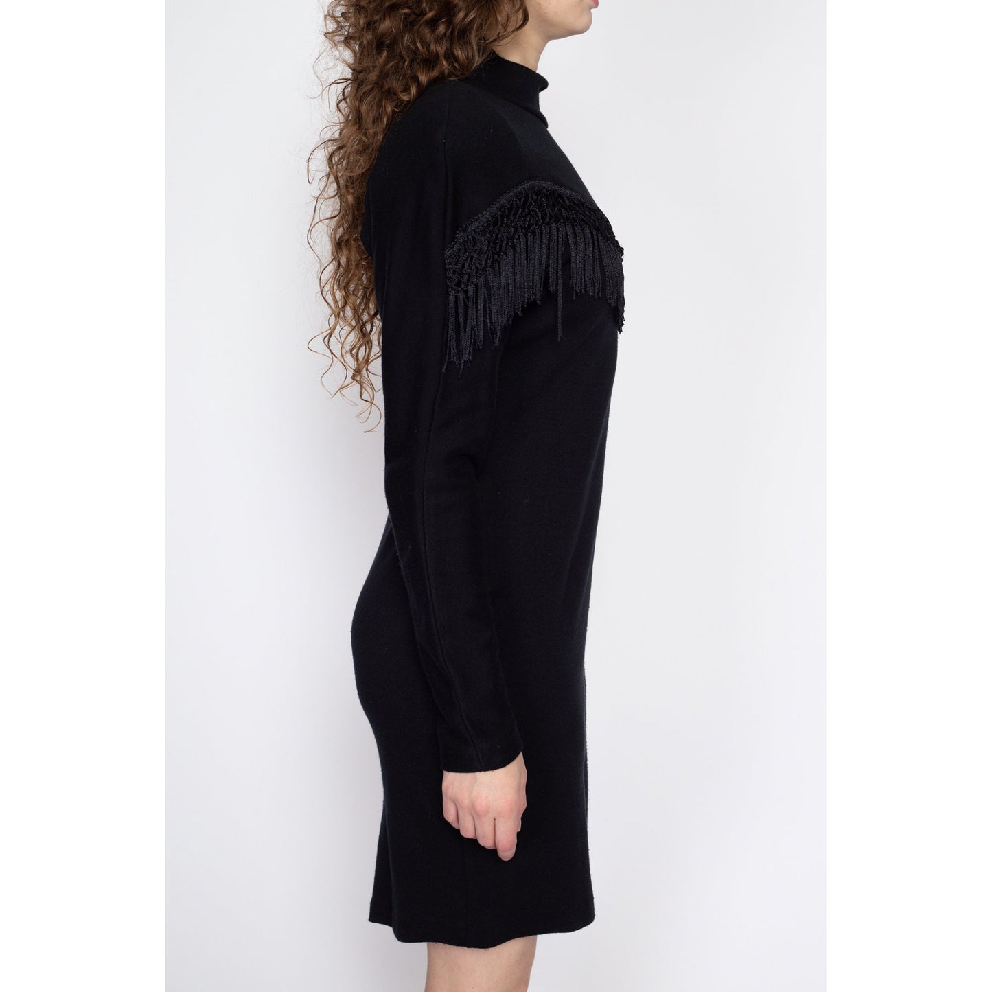 Medium 80s Black Fringe Trim Bodycon Mini Dress | Vintage Long Sleeve Mockneck Party Dress