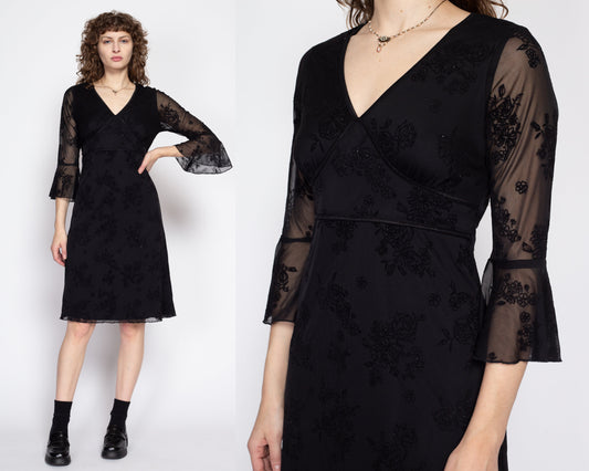 Medium 90s Black Floral Bell Sleeve Party Dress | Vintage Sheer Sleeve V Neck Knee Length Dress