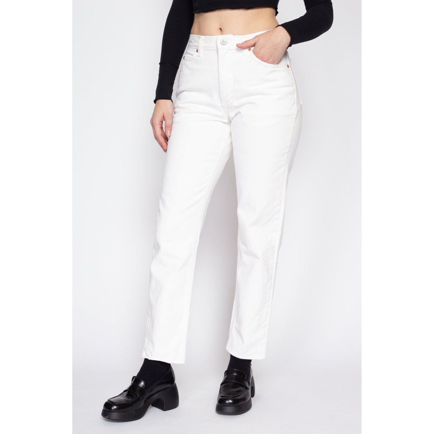 Small 90s Calvin Klein White Jeans | Vintage CK Denim Tapered Leg Jeans