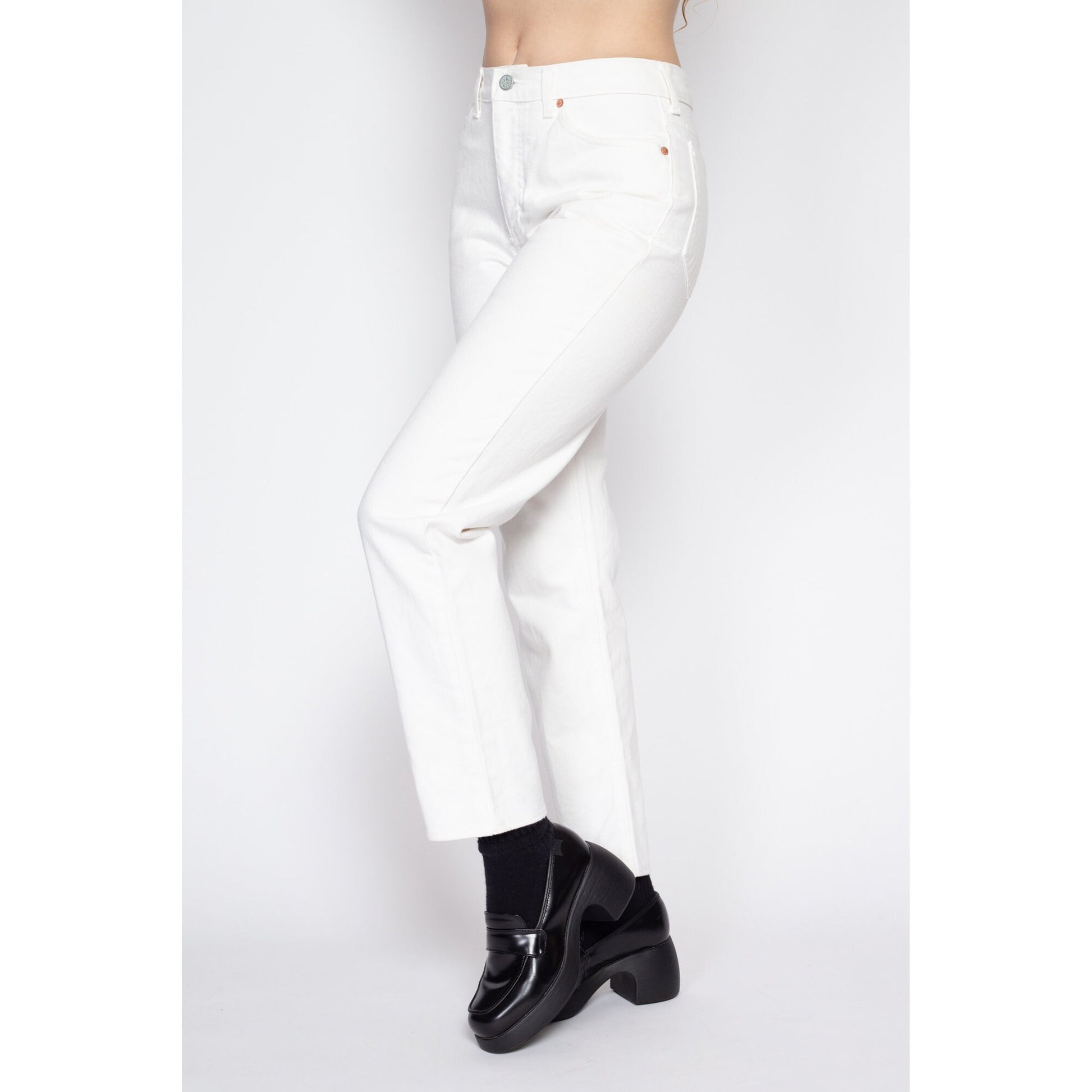 Small 90s Calvin Klein White Jeans | Vintage CK Denim Tapered Leg Jeans
