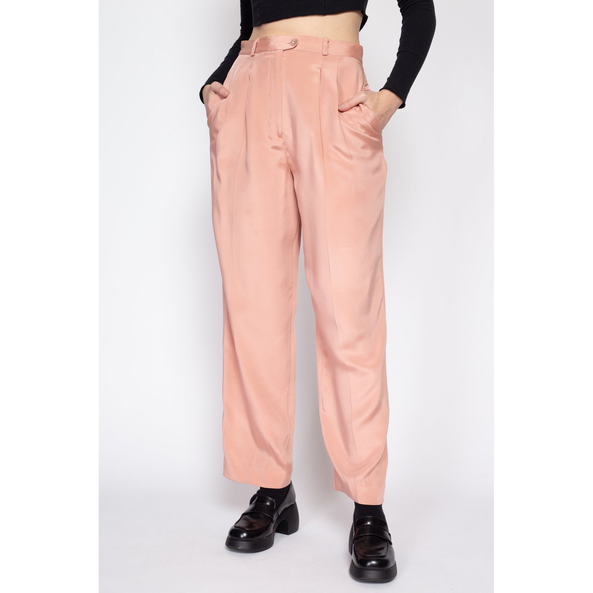 Medium 80s Peach Silk High Waisted Trousers 28 – Flying Apple Vintage