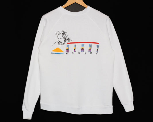 Large 80s Kenny Rogers Sweatshirt | Vintage White Raglan Sleeve Graphic Country Music Crew Neck