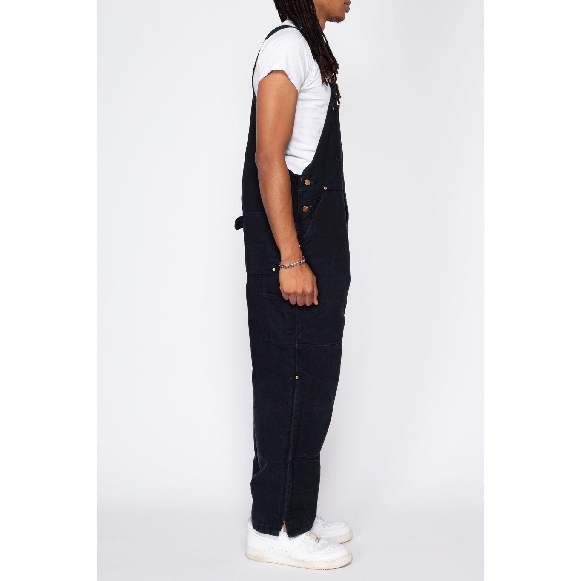 38x30 90s Carhartt Made In USA Black Insulated Overalls | Vintage Quilt Lined Workwear Jumpsuit