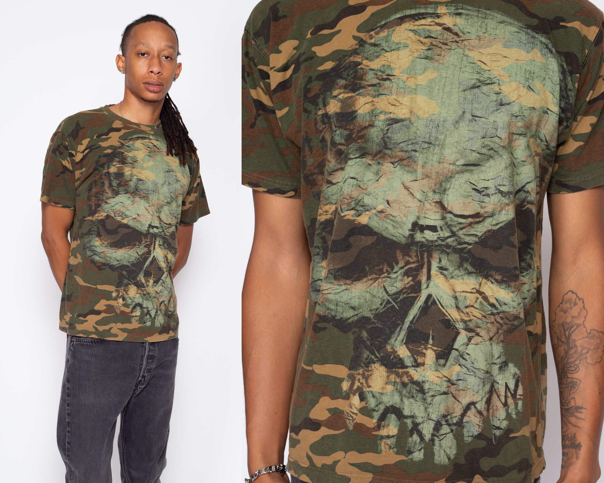 Flying Apple Vintage Large Y2K Camo Print Skull T Shirt