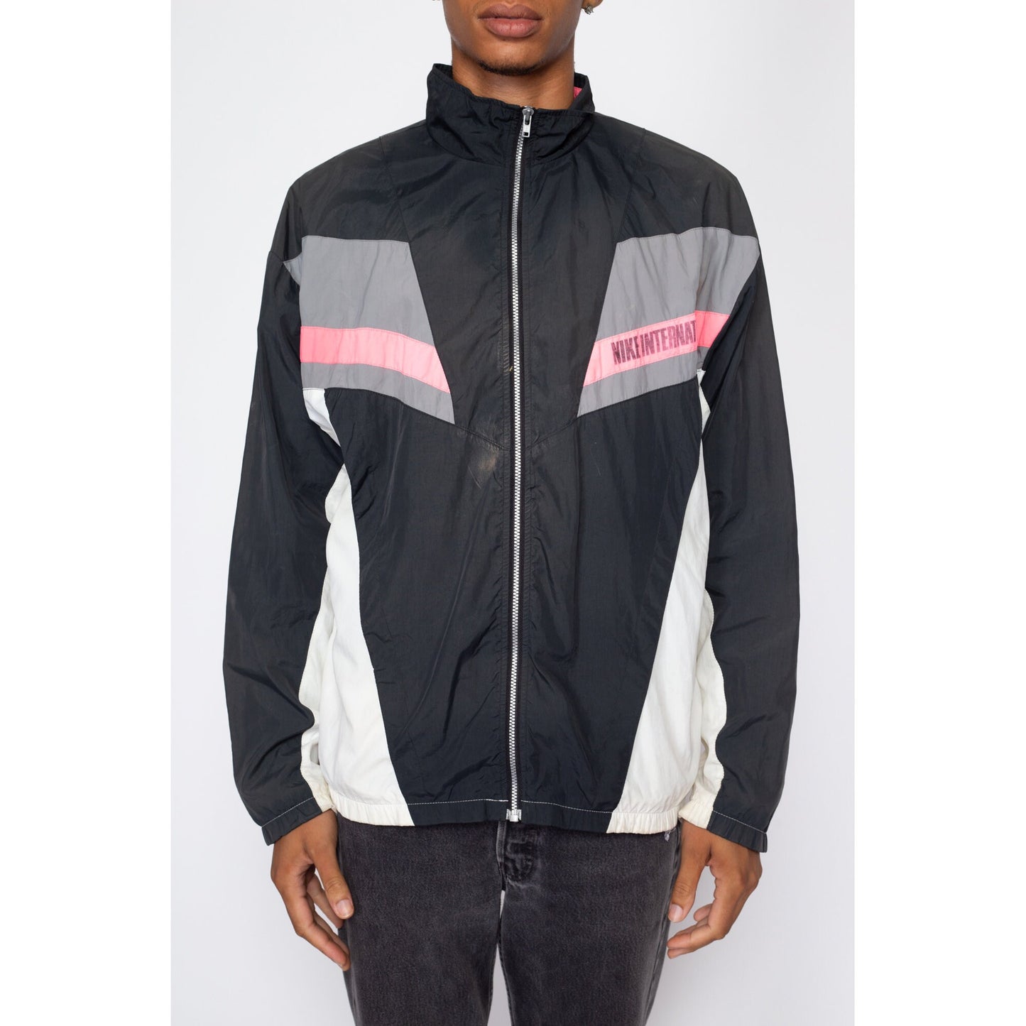 Large 90s Nike International Faded Color Block Windbreaker | Vintage Distressed Streetwear Swoosh Logo Track Jacket