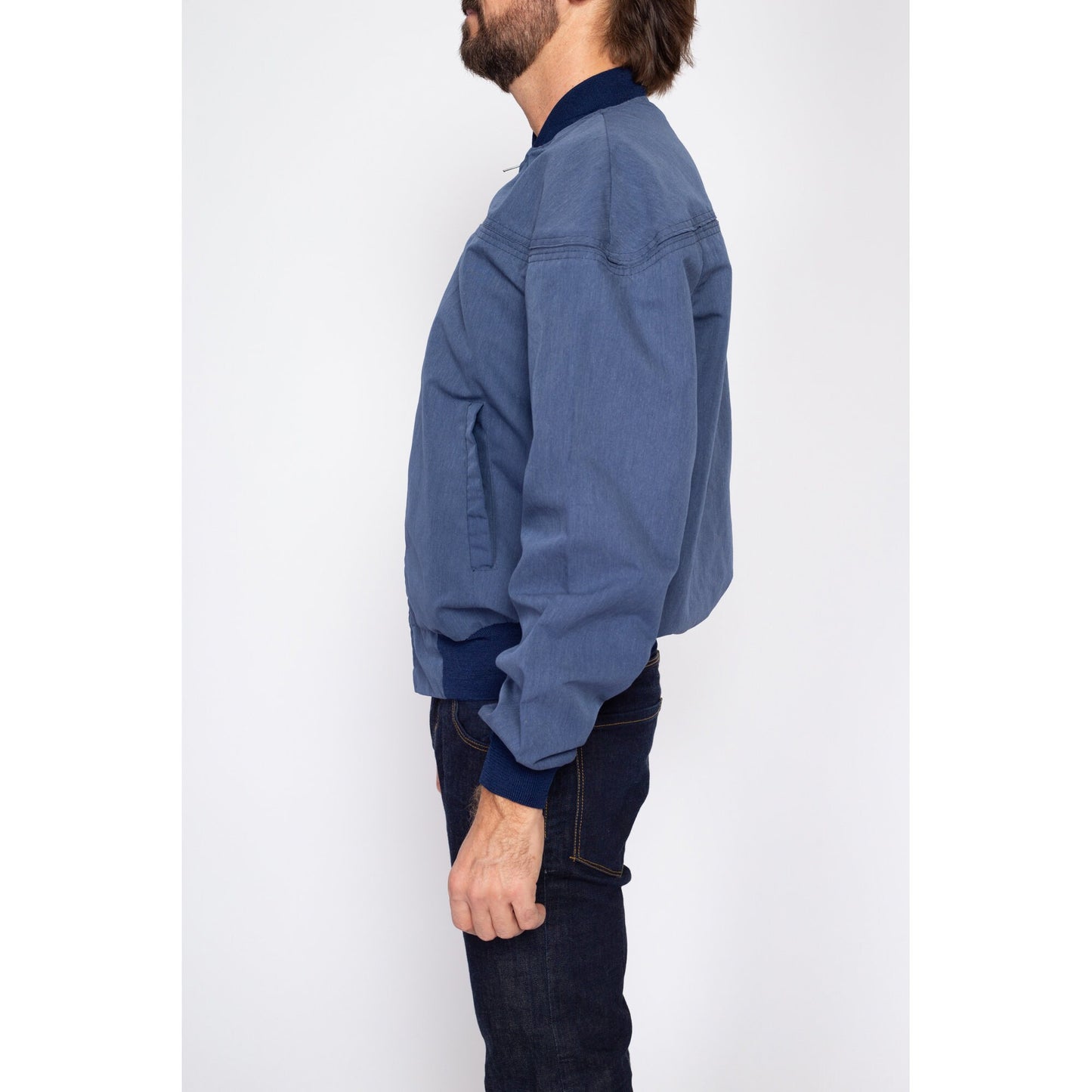 Large 80s Slate Blue Cropped Bomber Jacket | Vintage Zip Up Lightweight Windbreaker Jacket