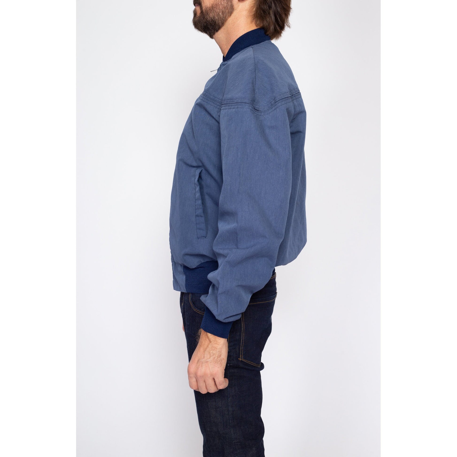 Large 80s Slate Blue Cropped Bomber Jacket | Vintage Zip Up Lightweight Windbreaker Jacket