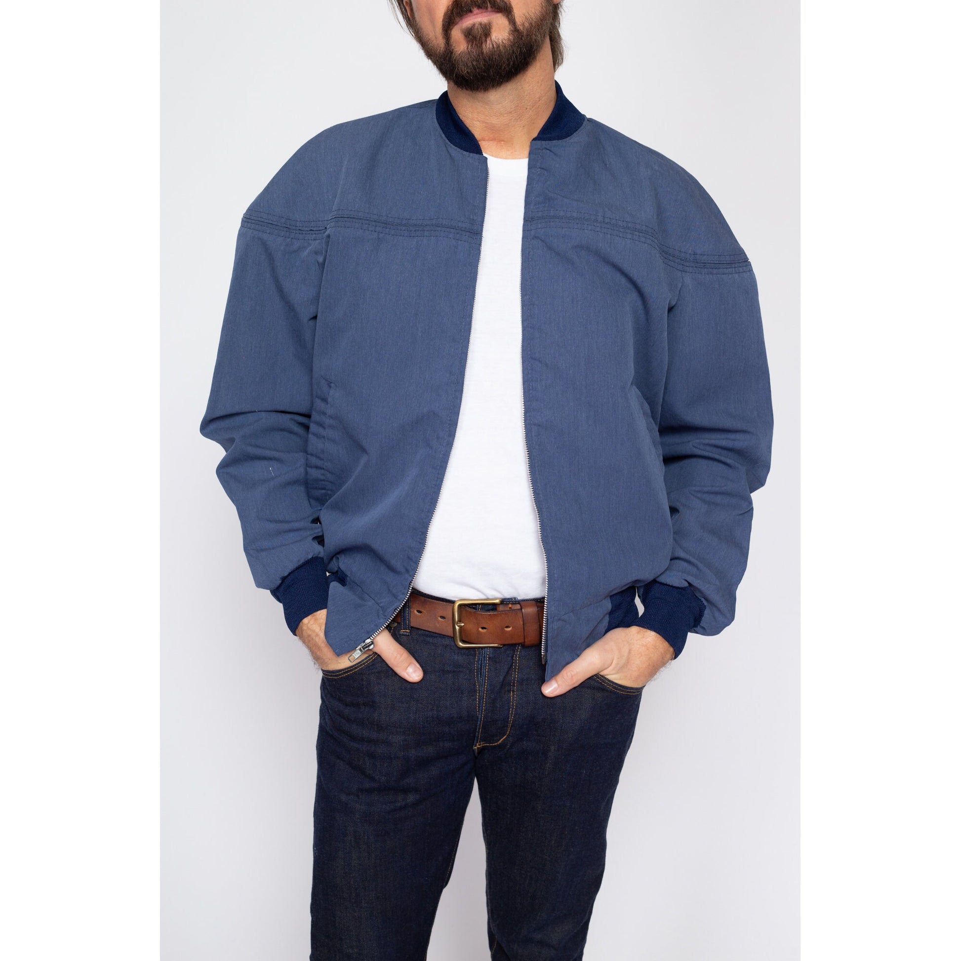 Large 80s Slate Blue Cropped Bomber Jacket | Vintage Zip Up Lightweight Windbreaker Jacket