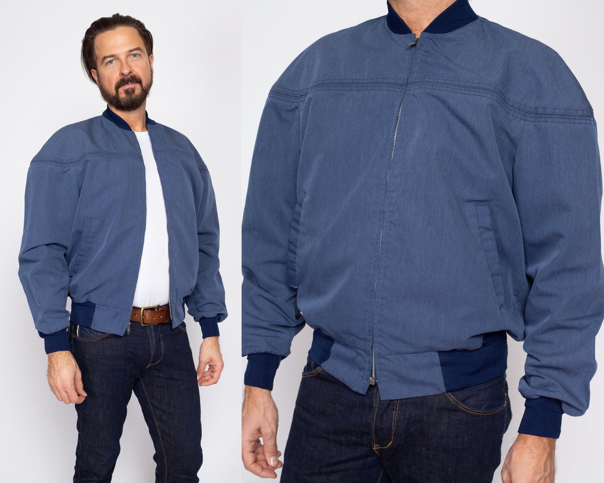Large 80s Slate Blue Cropped Bomber Jacket | Vintage Zip Up Lightweight Windbreaker Jacket