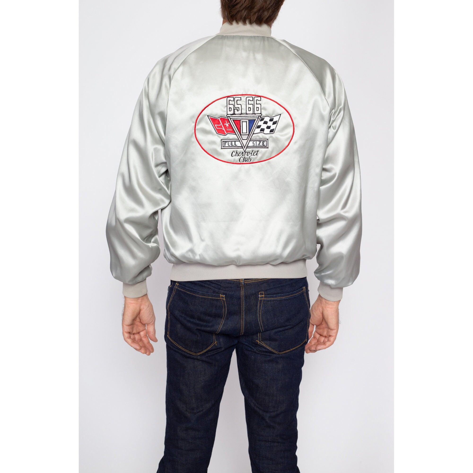 Medium 60s Chevrolet Car Club Silver Satin Jacket
