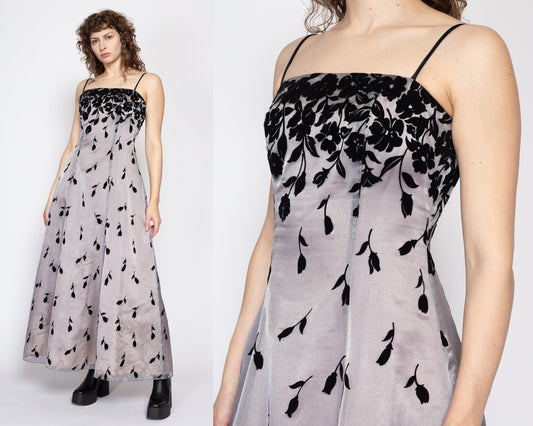 Medium 90s Falling Flowers Evening Gown | Vintage Grey Black Velvet Flower Formal Prom Maxi Dress