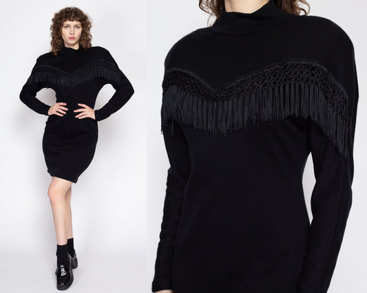 Medium 80s Black Fringe Trim Bodycon Mini Dress | Vintage Long Sleeve Mockneck Party Dress