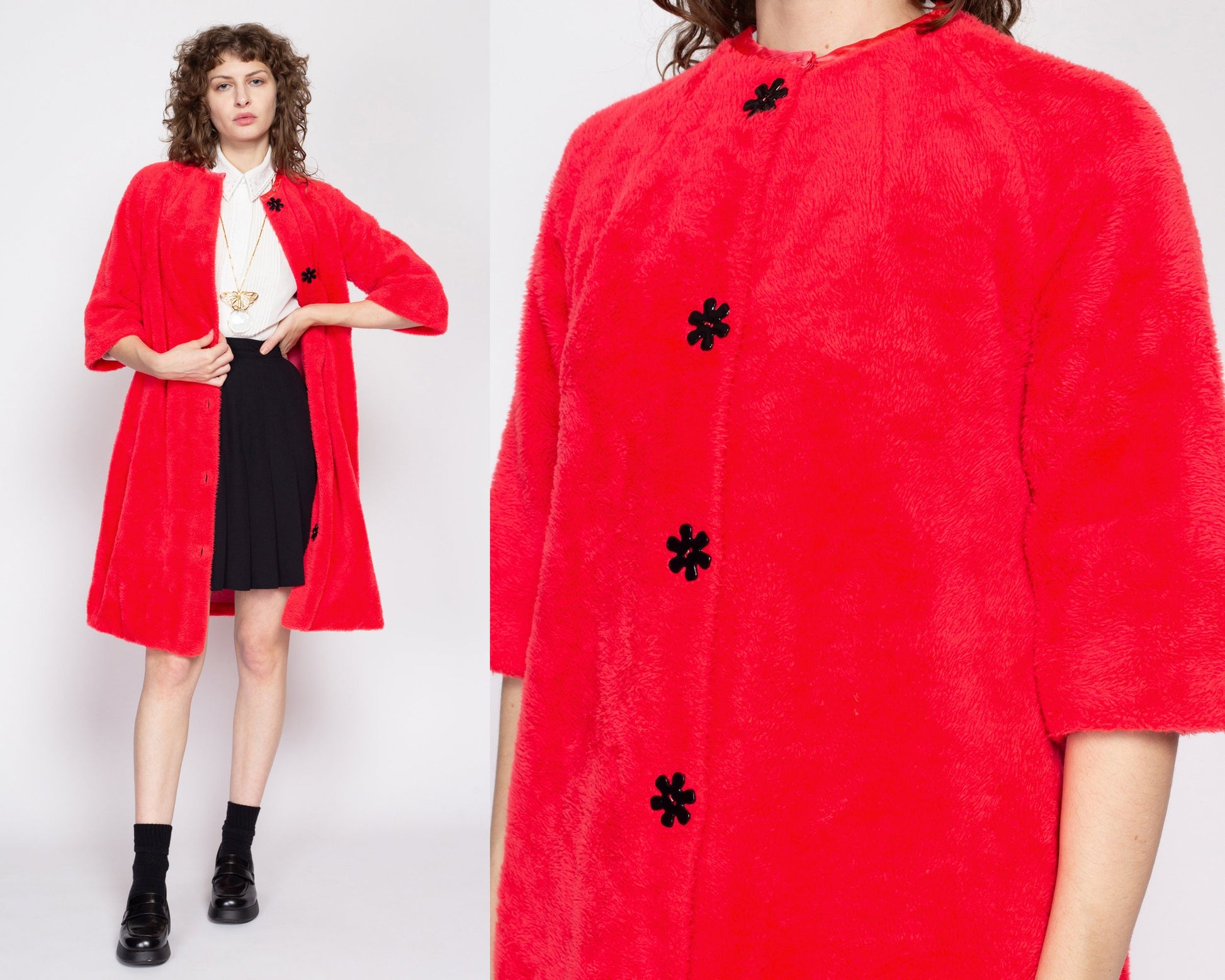 Small 60s Pink Plush Flower Button Robe | Retro Vintage Midi Swing Lounge Jacket