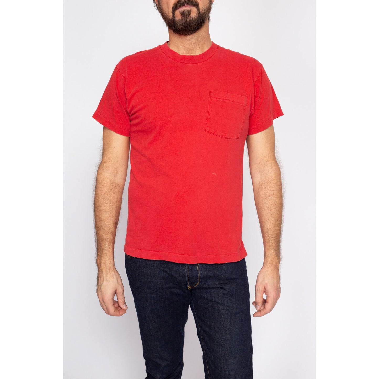 Med-Lrg 80s Plain Red Pocket Tee | Vintage Single Stitch Cotton T Shirt