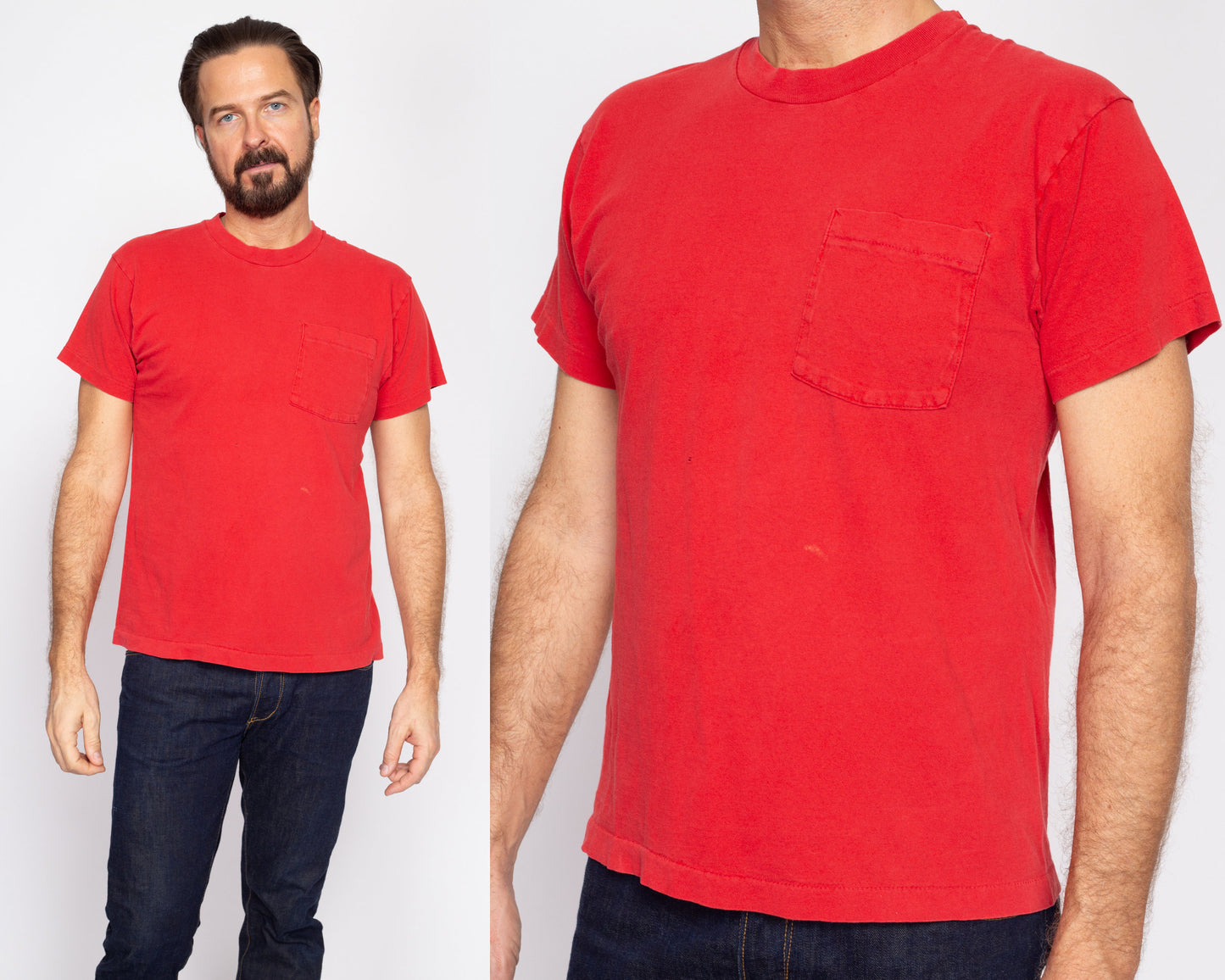 Med-Lrg 80s Plain Red Pocket Tee | Vintage Single Stitch Cotton T Shirt