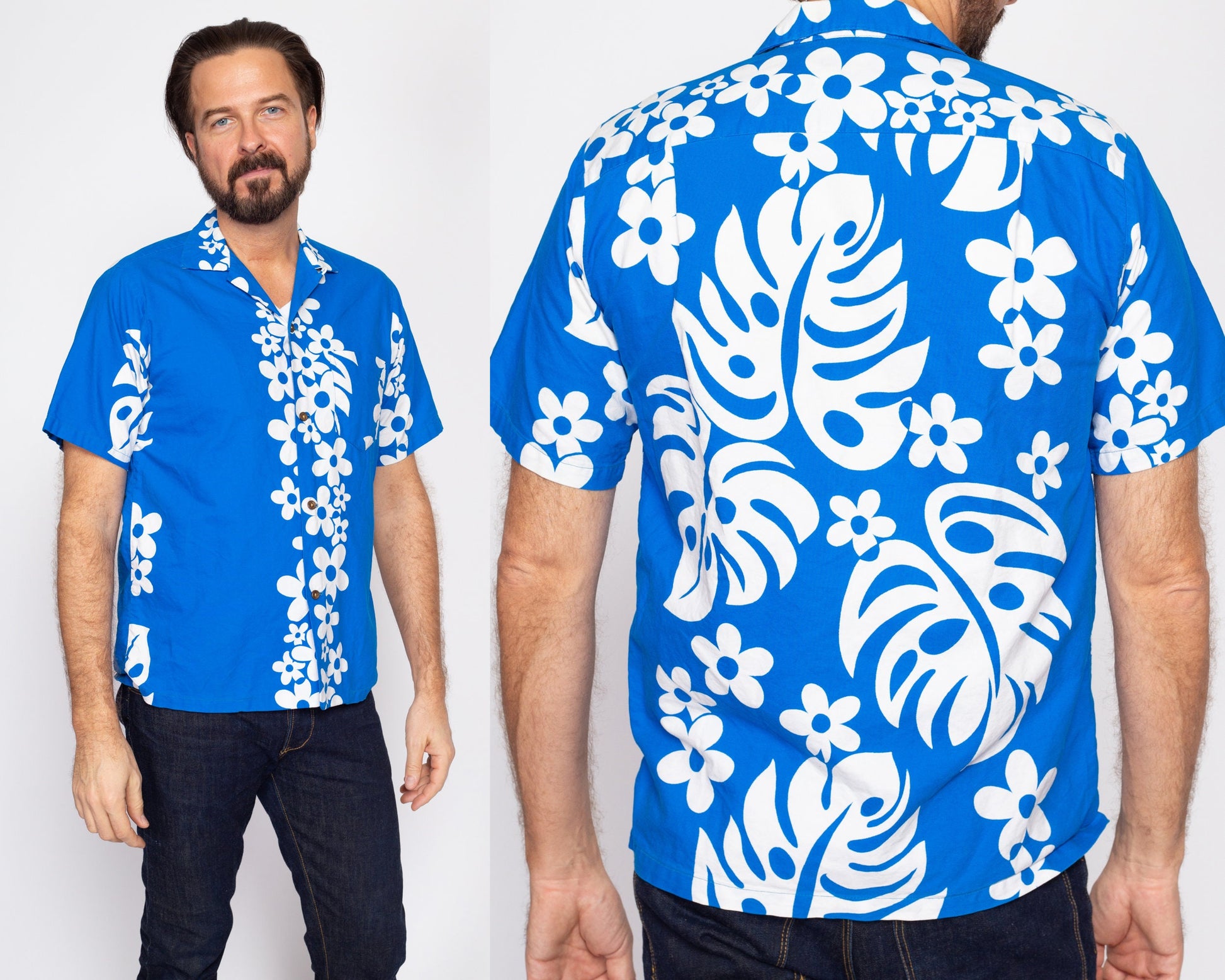 Medium 70s Hawaiian Blue Floral Aloha Shirt | Vintage Wooden Button Tropical Leaf Print Notched Collar Tourist Top