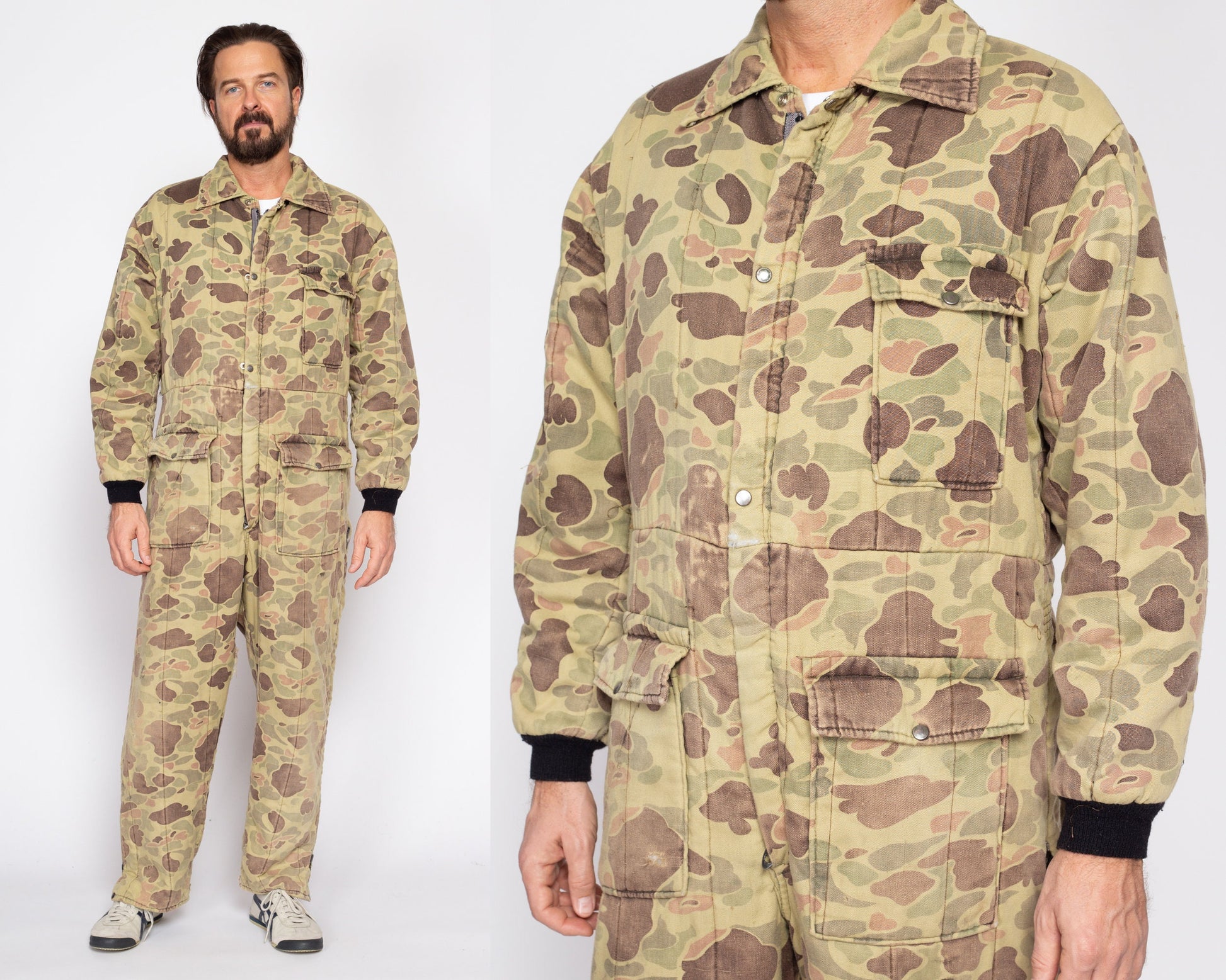 Large 80s Duck Hunt Camo Quilted Coveralls | Vintage Camouflage Outdoor Gear Hunting Jumpsuit