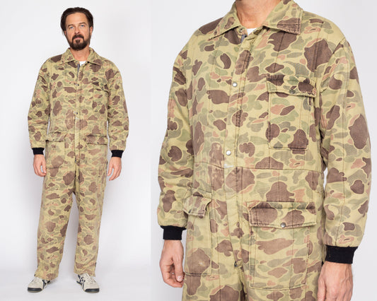 Large 80s Duck Hunt Camo Quilted Coveralls | Vintage Camouflage Outdoor Gear Hunting Jumpsuit