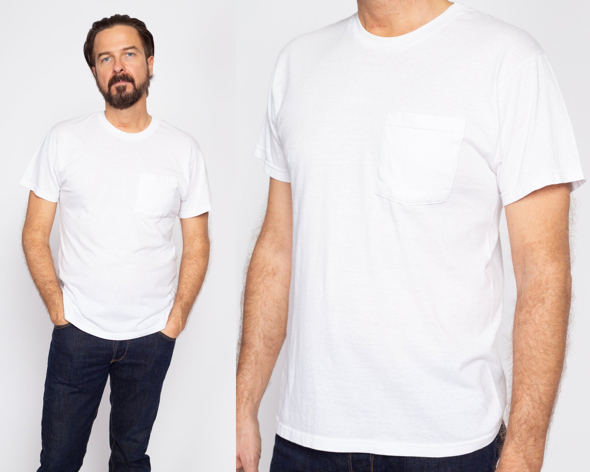 Med-Lrg 90s Plain White Pocket Tee | Vintage Short Sleeve Crewneck Undershirt T Shirt