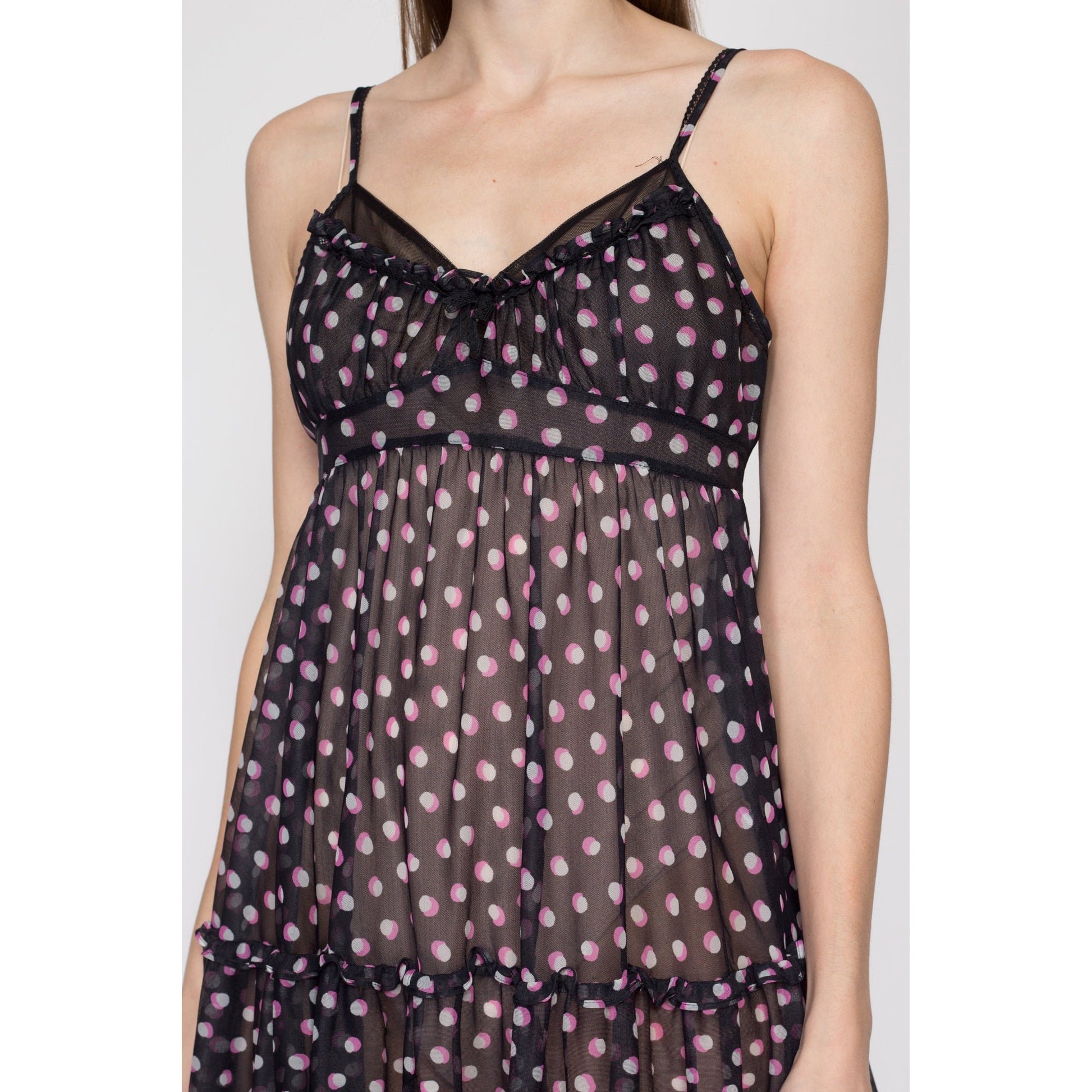 Sm-Med Betsey Johnson Intimates Sheer Babydoll Nightie | Y2K Designer Black Pink Polka Dot Lingerie Chemise Mini Dress