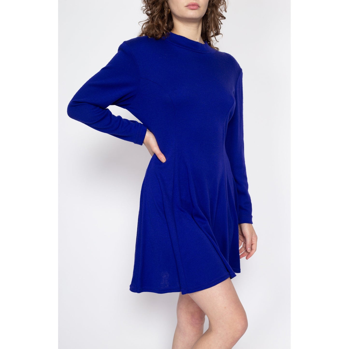Med-Lrg 80s Royal Blue Knit Mini Sweater Dress | Vintage Long Sleeve Mockneck Dress