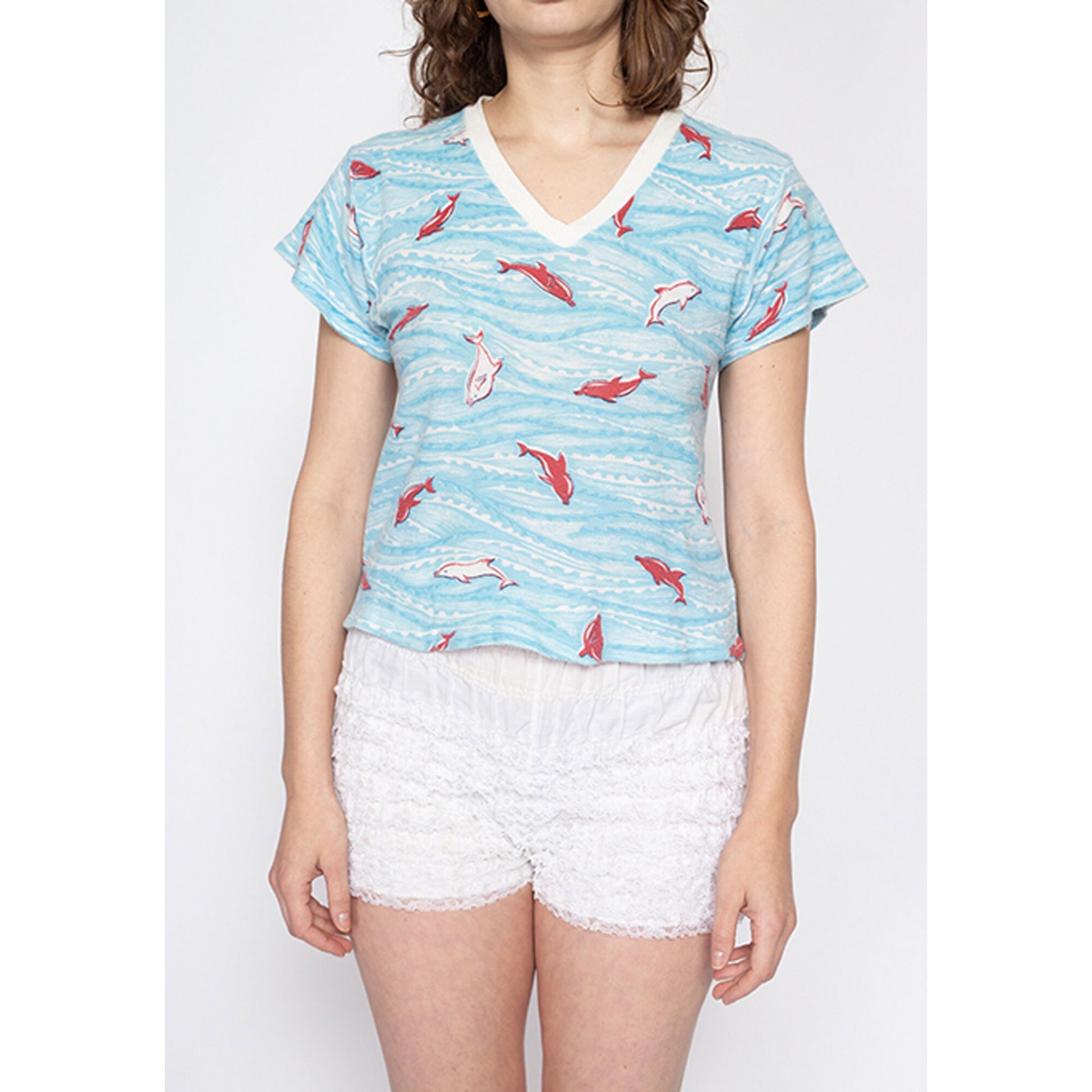 Med-Lrg 70s Dolphin All Over Print Waffle Knit Top | Vintage Blue Short Sleeve V Neck Retro Shirt