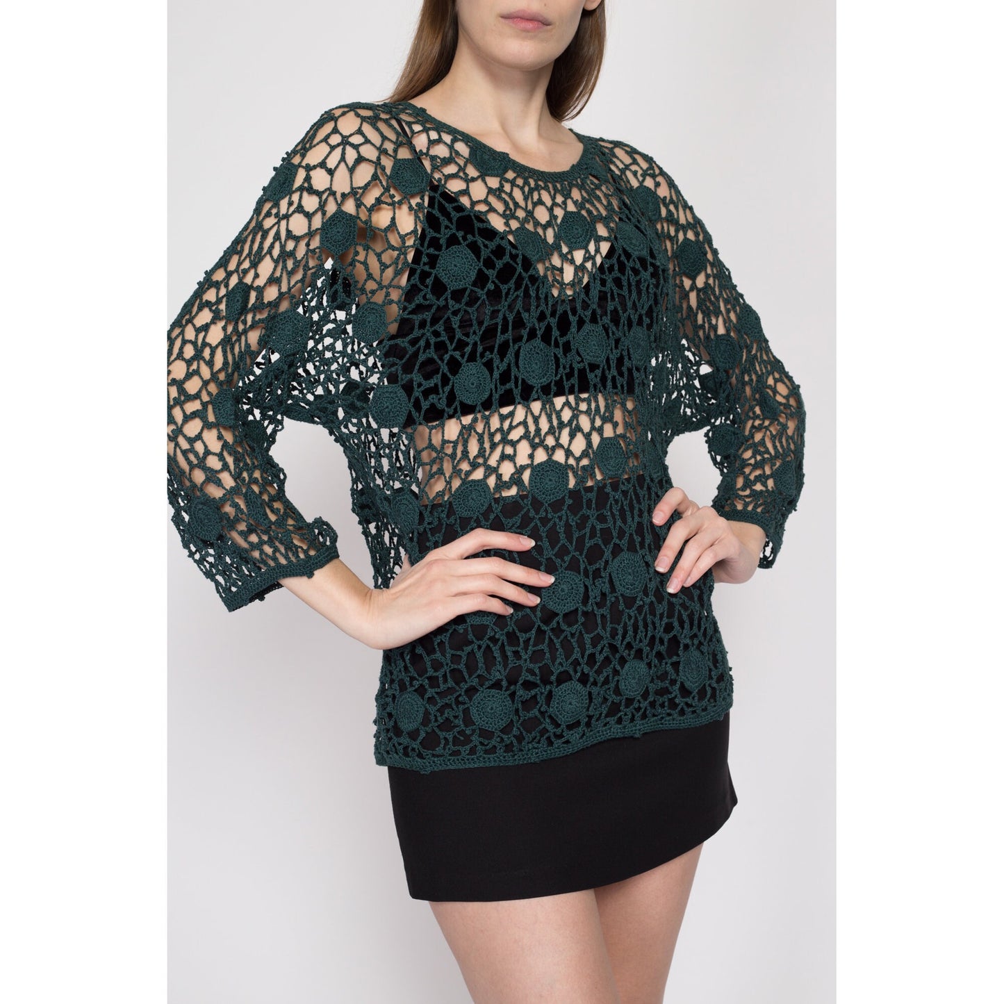 Medium 70s 80s Kroshetta Green Crochet Top | Vintage Boho Spider Web Knit Sheer 3/4 Sleeve Blouse